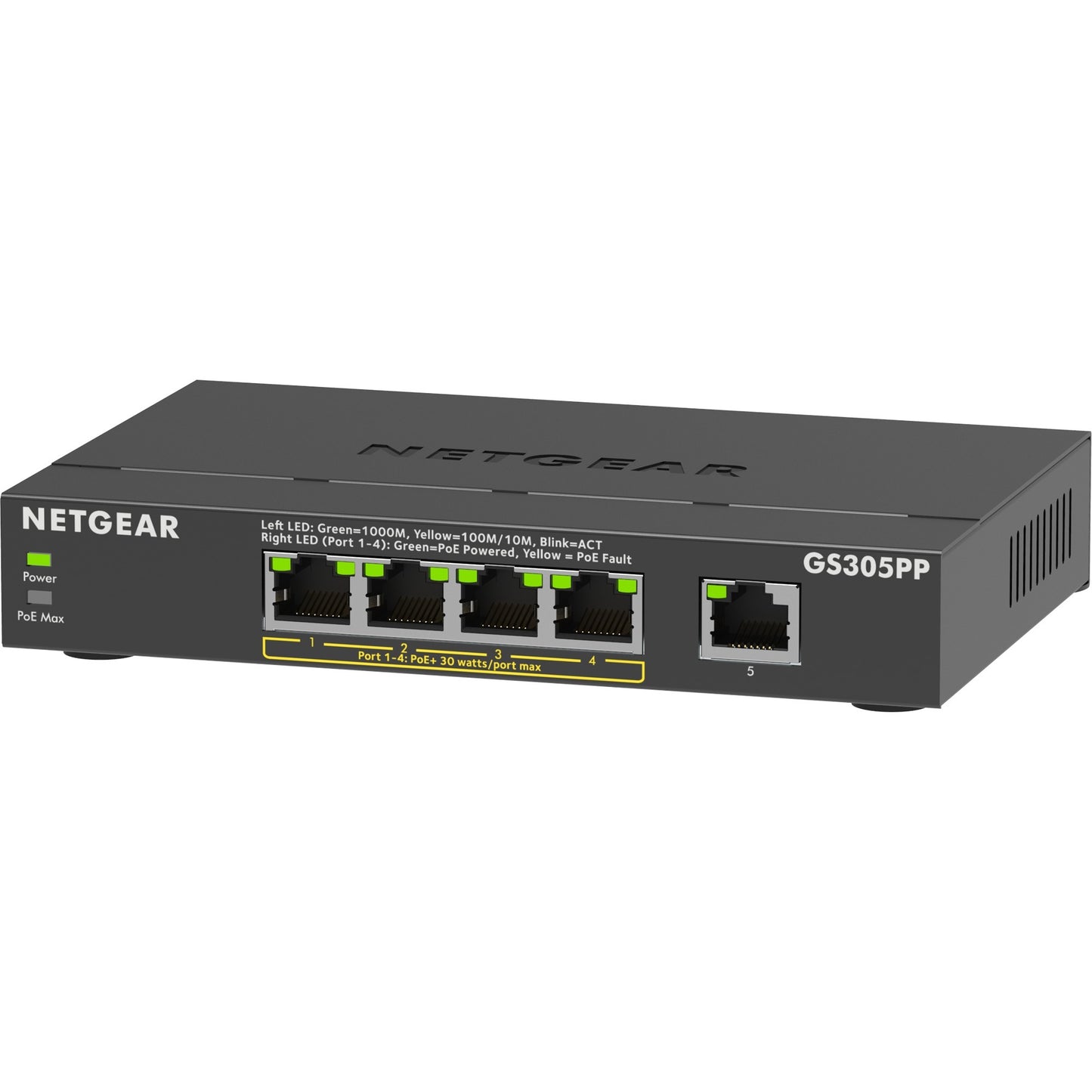 Netgear 5-port gigabit ethernet poe+ unmanaged switch (gs305pp) (zwart)