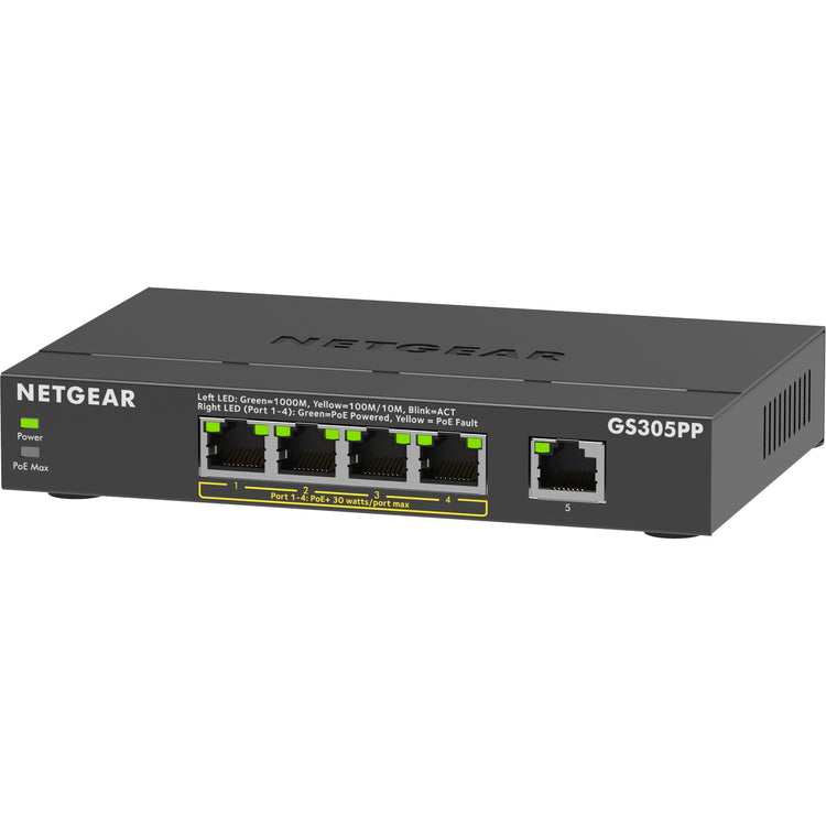 Netgear 5-port gigabit ethernet poe+ unmanaged switch (gs305pp) (zwart)