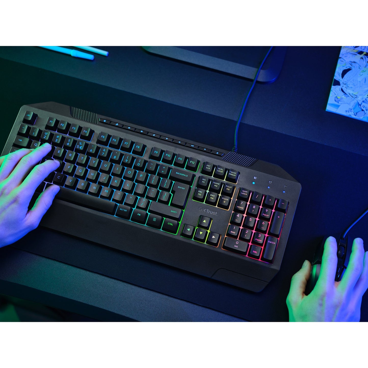 Trust gxt 836 evocx rgb gaming toetsenbord (zwart, us lay-out (qwerty), membraan, 100%, rgb)