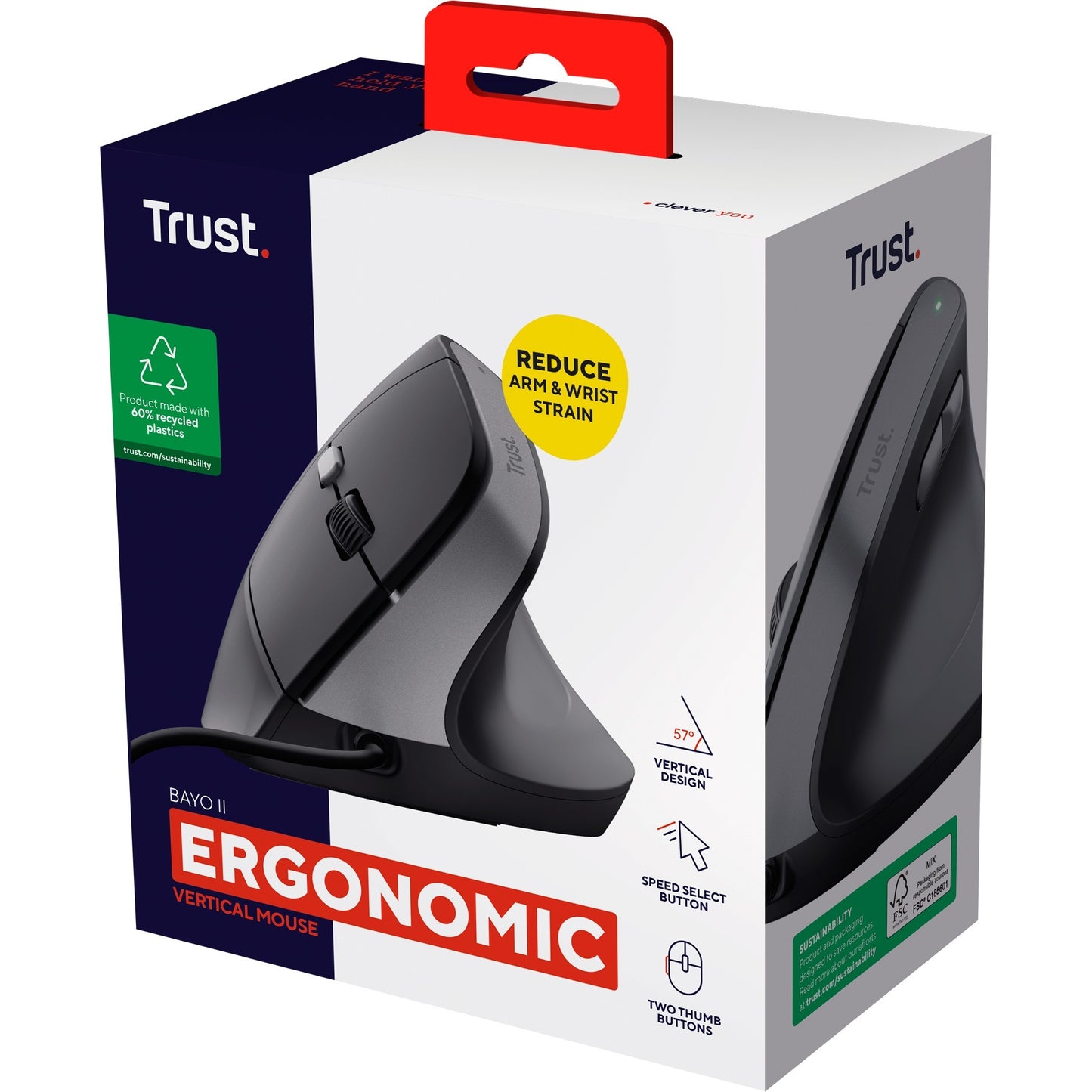 Trust bayo ii bedrade ergonomische muis (zwart, 800 dpi - 2400 dpi)