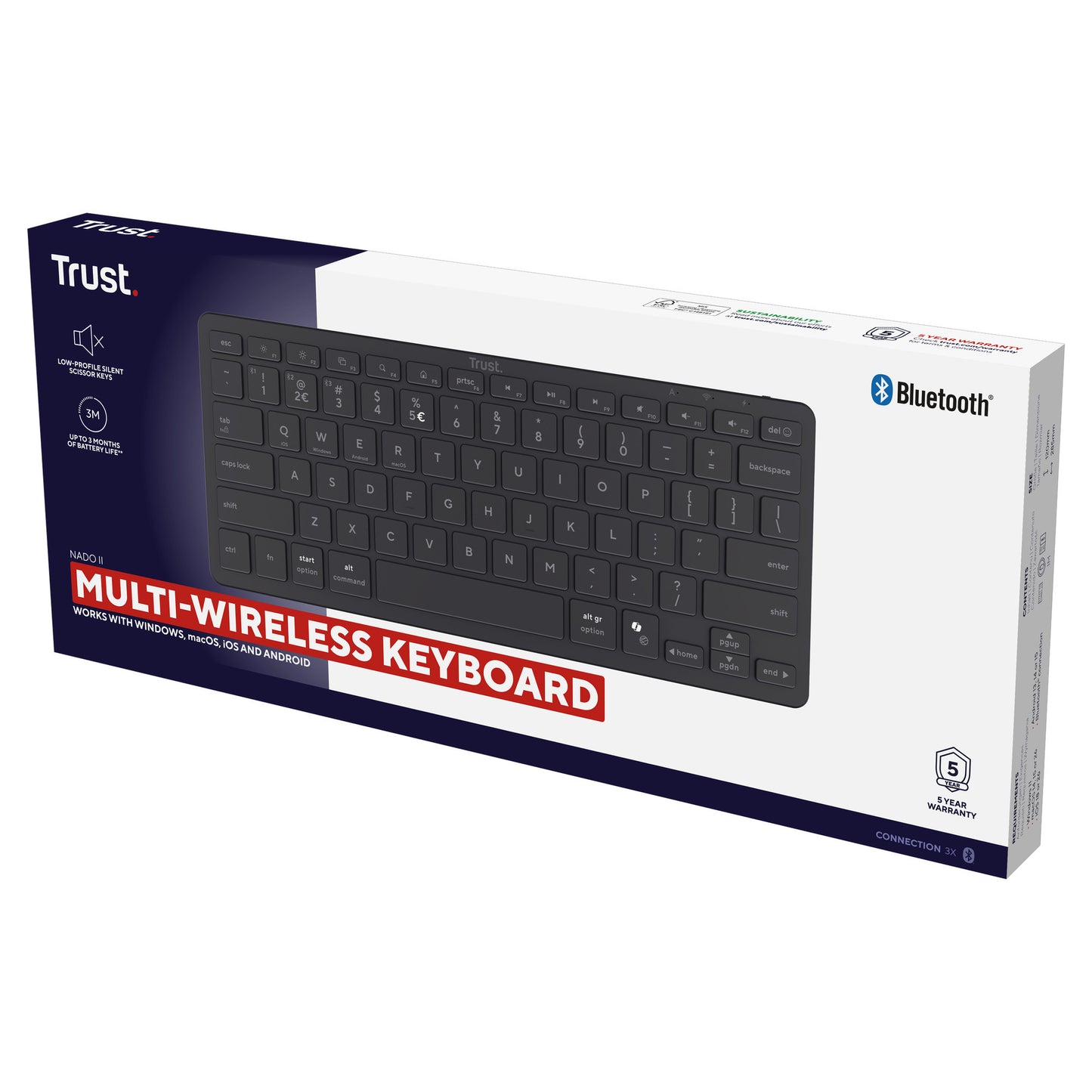 Trust nado ii bluetooth-toetsenbord (zwart, us lay-out (qwerty), scissor switches, 80% (tkl), bluetooth)