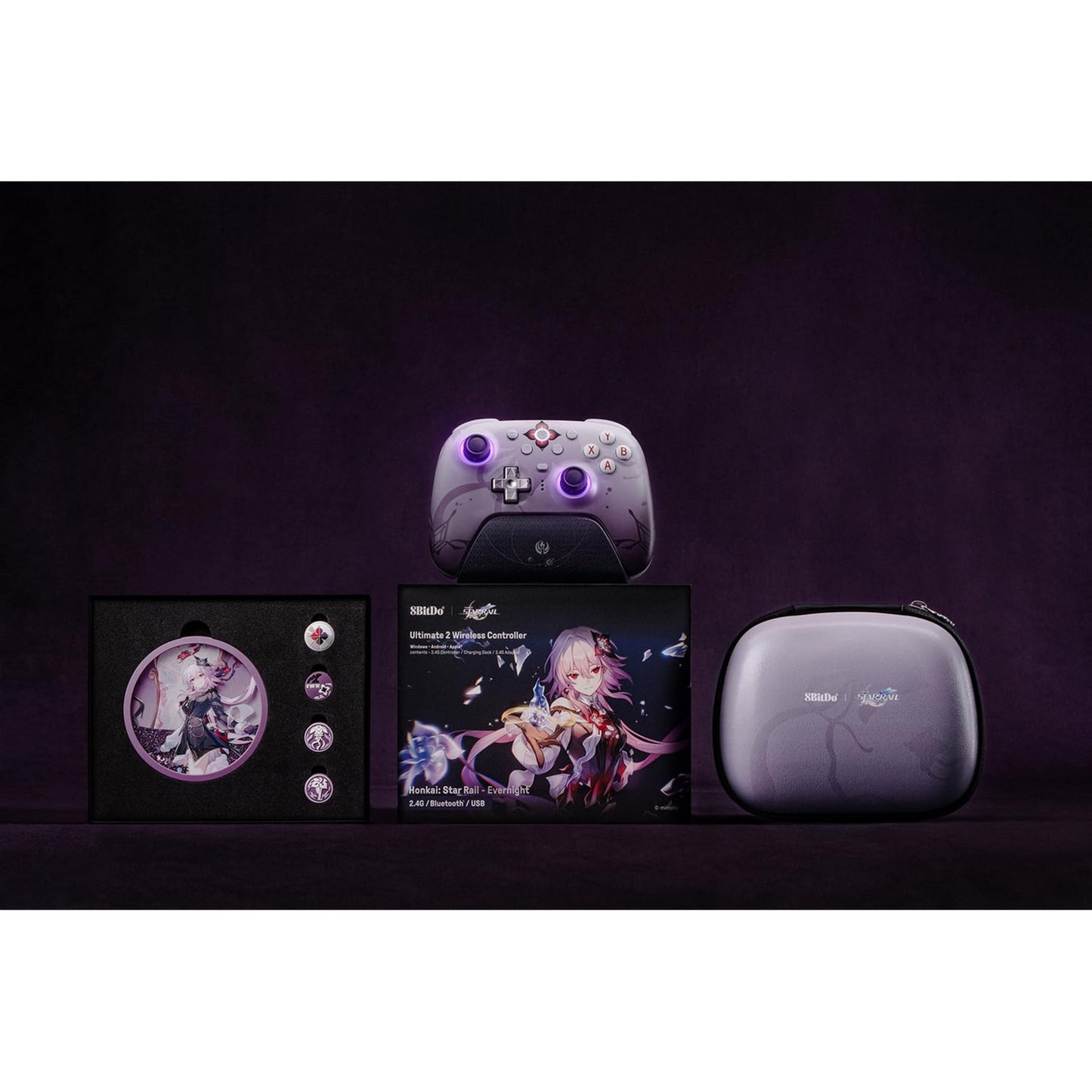 8bitdo ultimate 2 wireless controller - honkai: star rail - evernight (lichtpaars, 2.4 ghz bluetooth, usb, pc)
