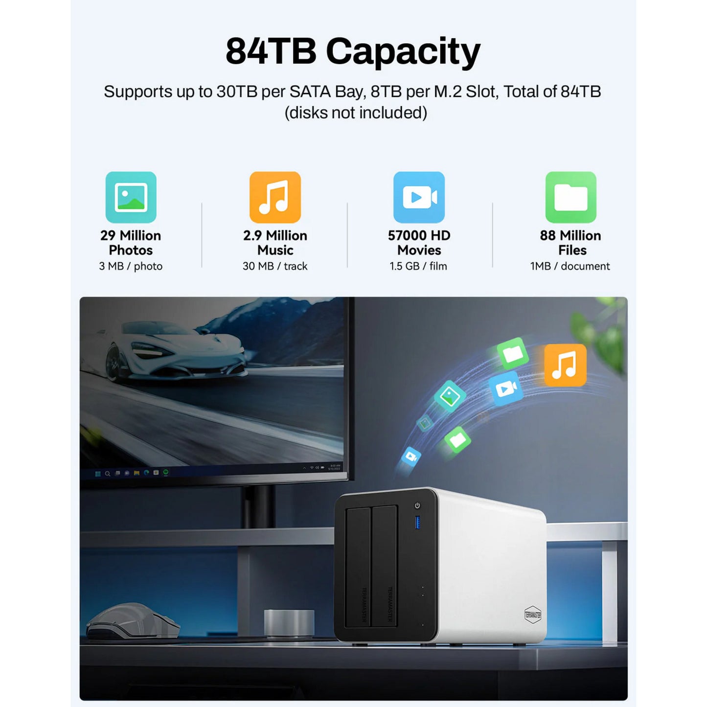 Terramaster f2-425 plus nas (wit, 2x 5gbe, hdmi, usb)