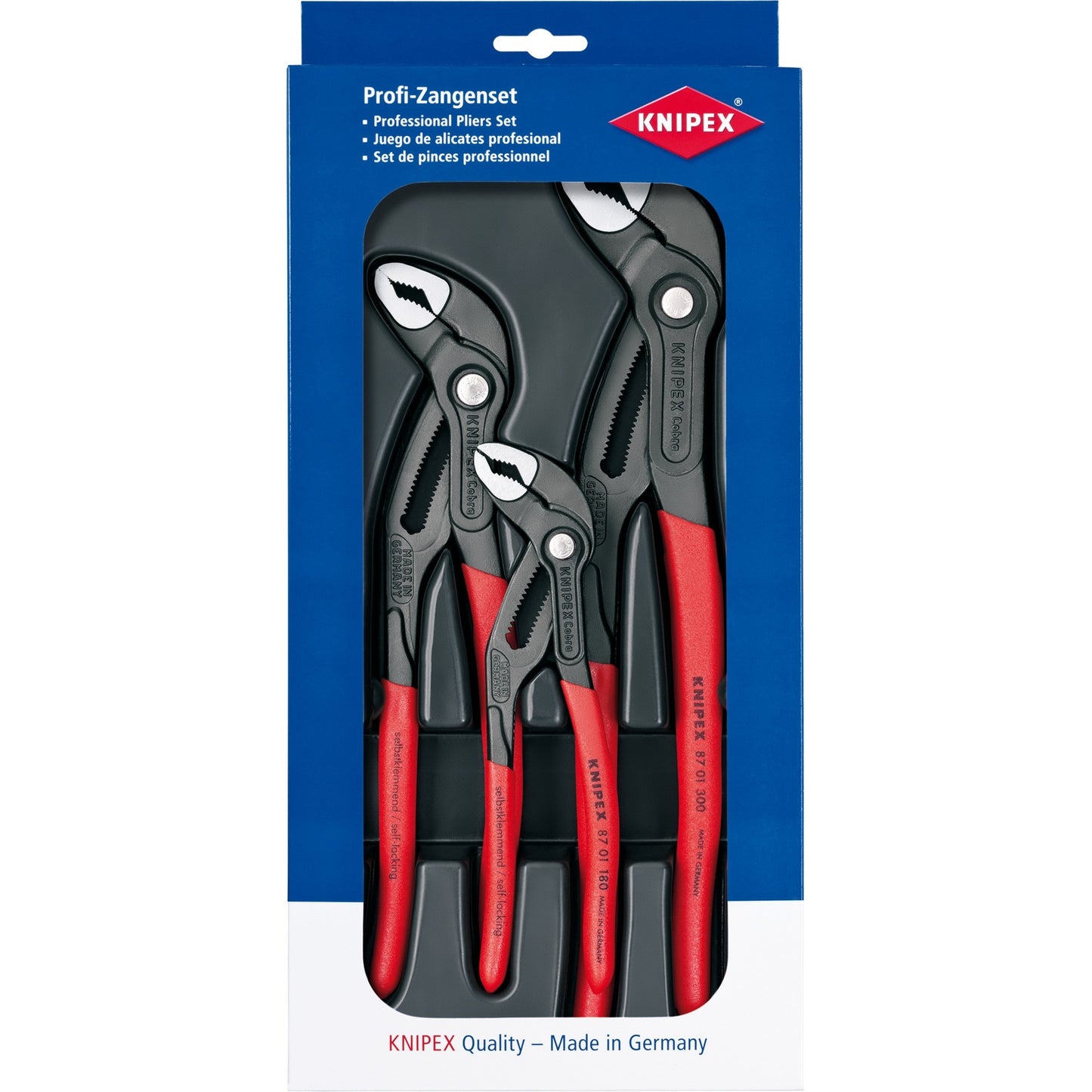 Knipex cobra waterpomptangenset werkplaats 3-delig instelling met druk op de knop, zelfklemmend effect, fijnafstelling