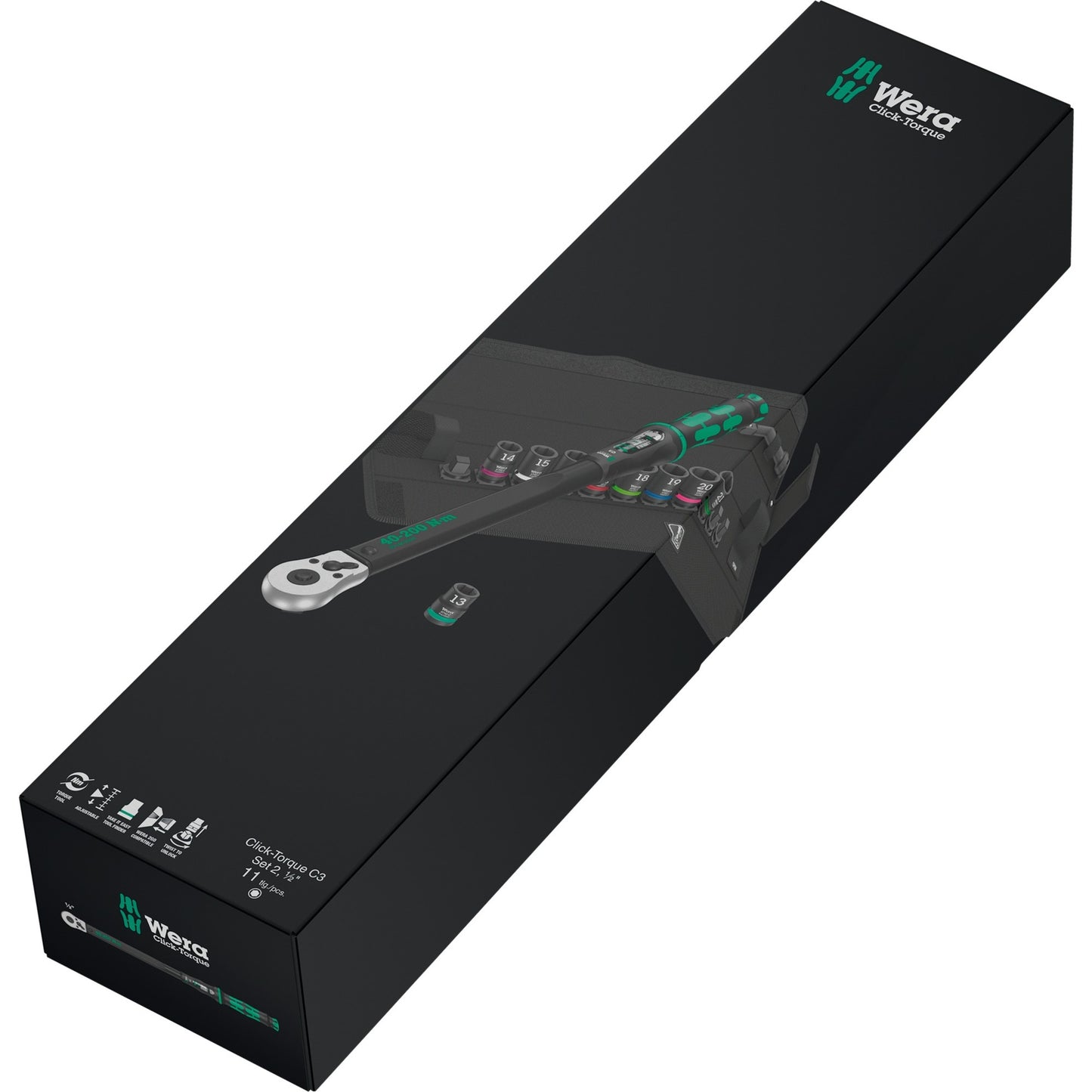 Wera click-torque c 3 set 2, 1 2 draaimomentsleutel (zwart groen, 11-delig, met omkeerbare ratel)