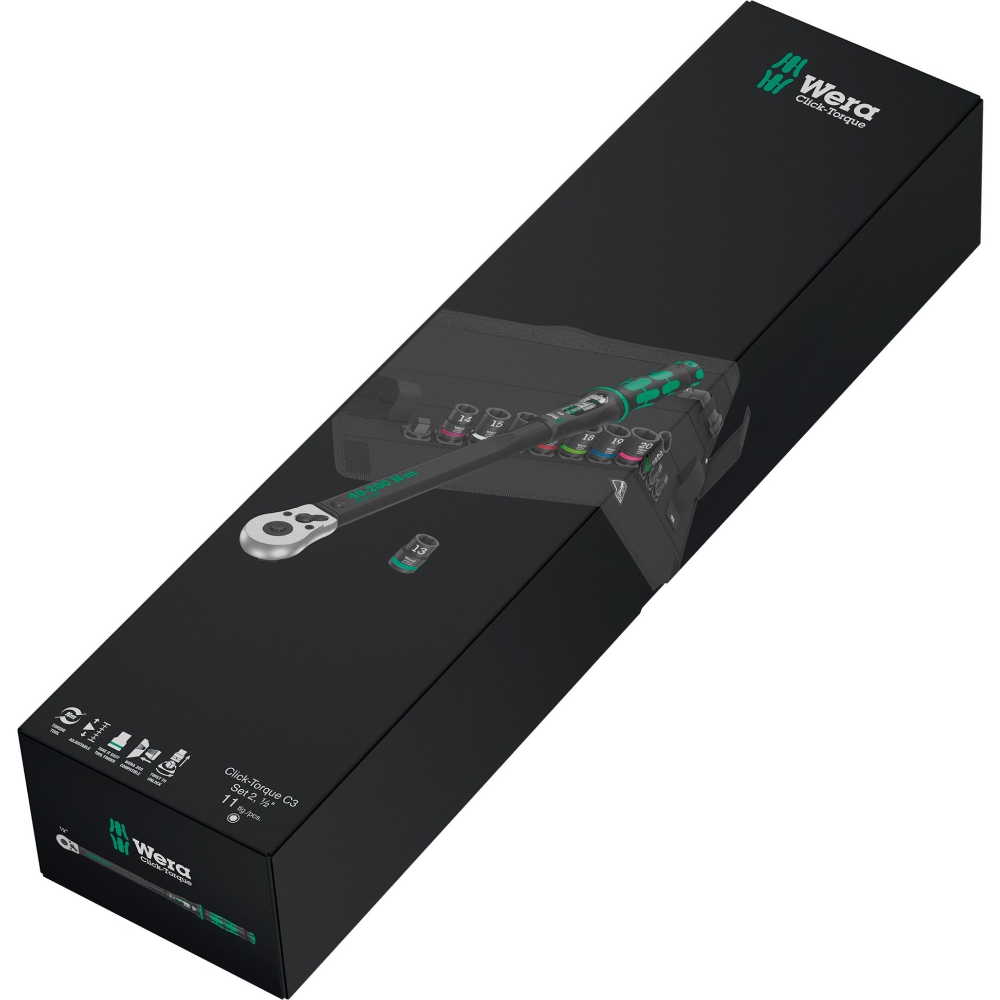 Wera click-torque c 3 set 2, 1 2 draaimomentsleutel (zwart groen, 11-delig, met omkeerbare ratel)