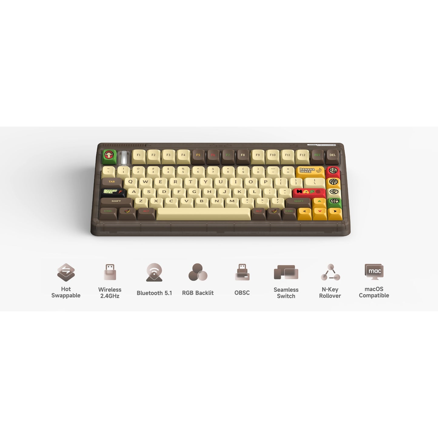 Iqunix og80 happy ape wireless mechanical keyboard (zwart, us lay-out (qwerty), ttc holy panda, 80% (tkl), rgb leds, hot-swappable, pbt, 2.4ghz | bluetooth 5.1 | usb-c)