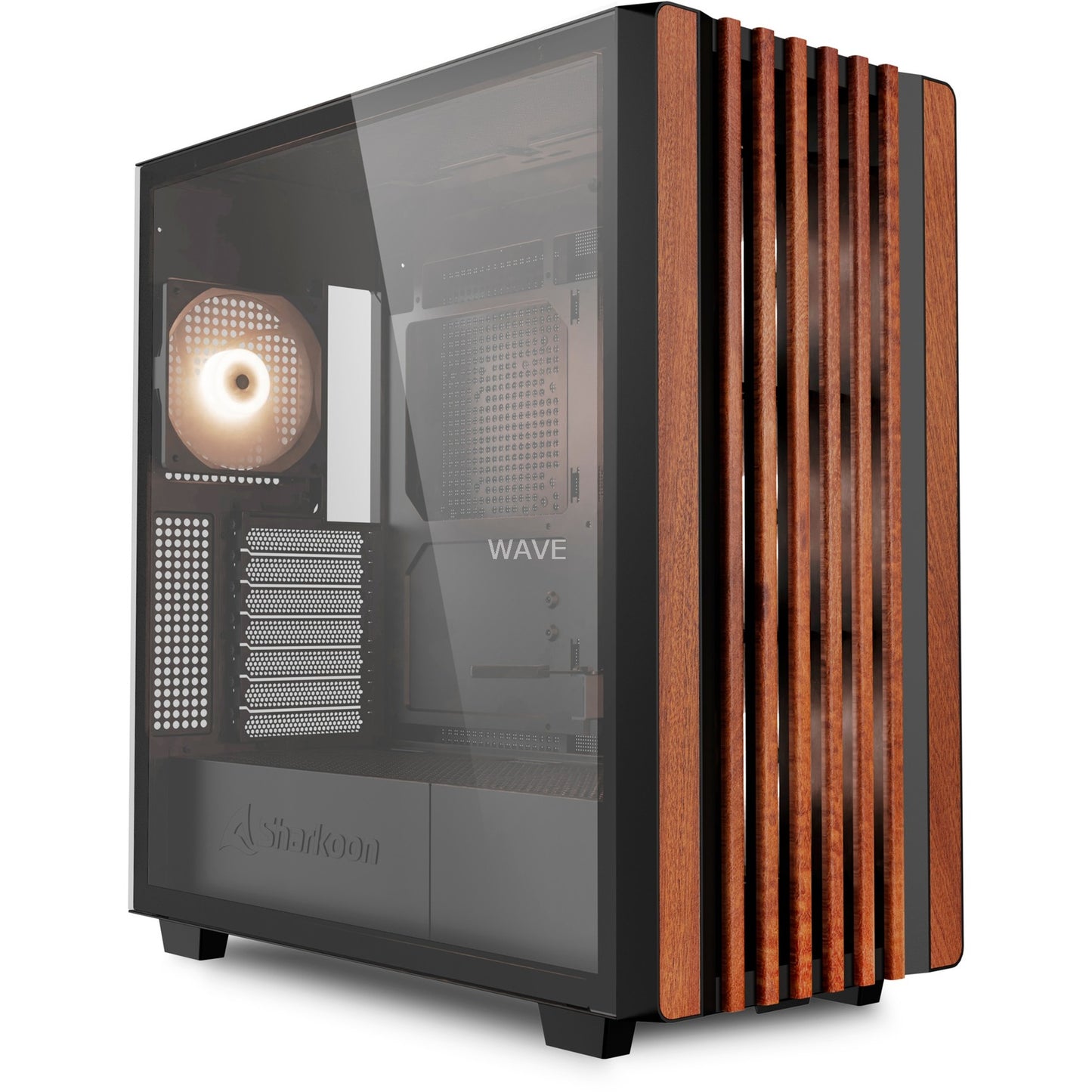 Sharkoon rebel c70g rgb midi tower behuizing (zwart houtkleur | 2x usb-a | 1x usb-c | rgb | tempered glass)