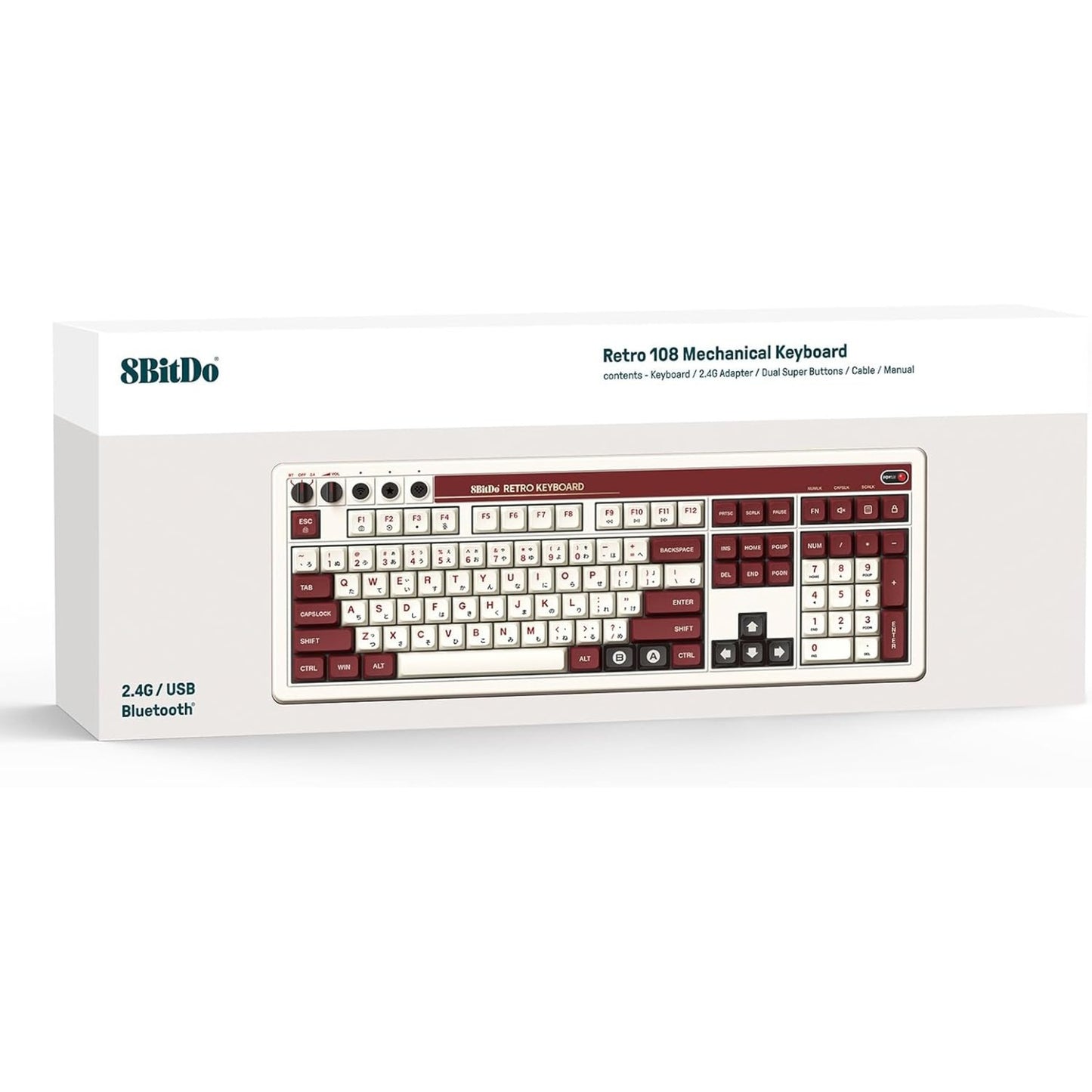 8bitdo retro mechanical keyboard fami edition, gaming toetsenbord (beige rood, us lay-out, kailh box white, bluetooth low energy, wireless 2.4g, usb)