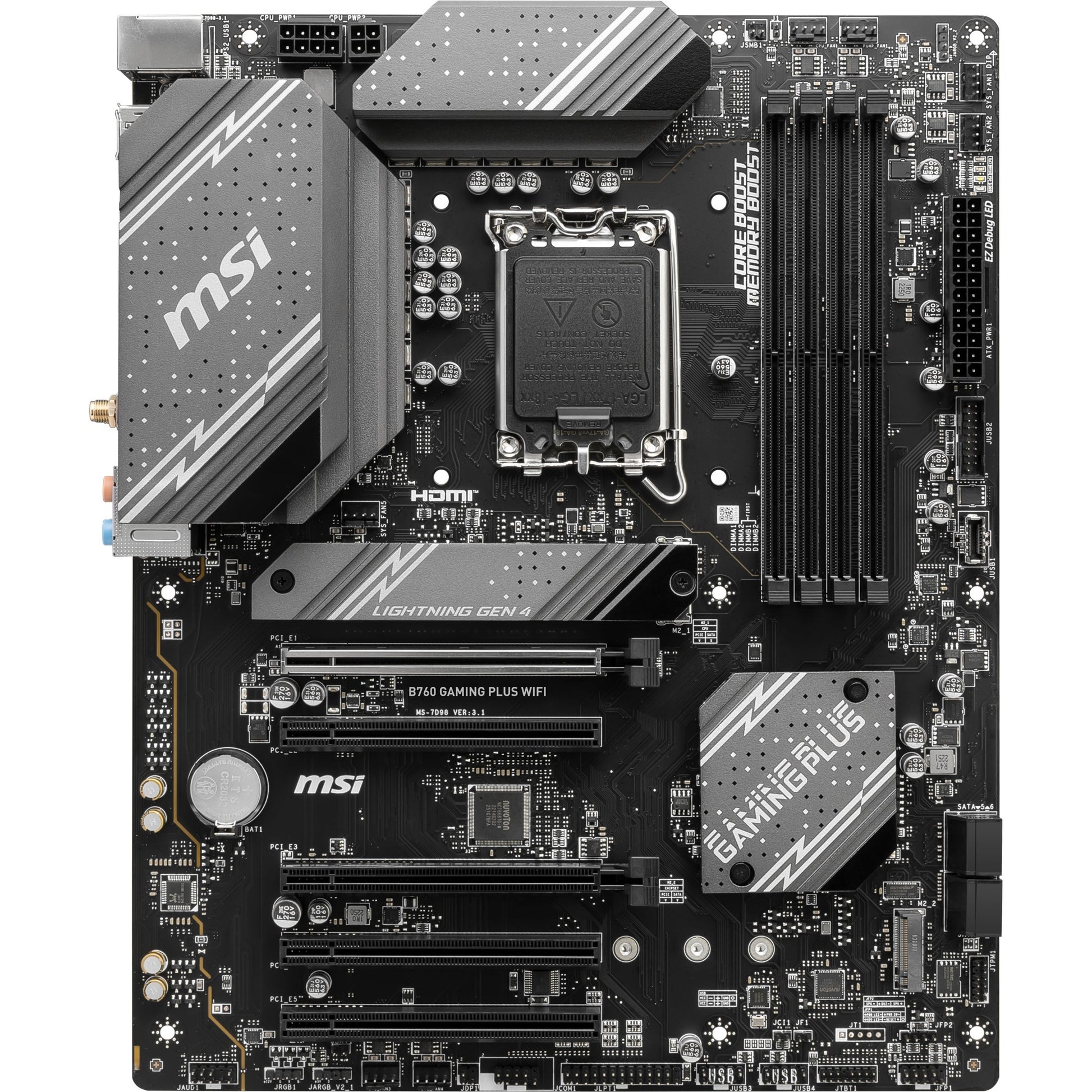 Msi b760 gaming plus wifi socket 1700 moederbord (grijs zwart, raid, 2.5gb-lan, wi-fi 6e, bt, sound, atx)