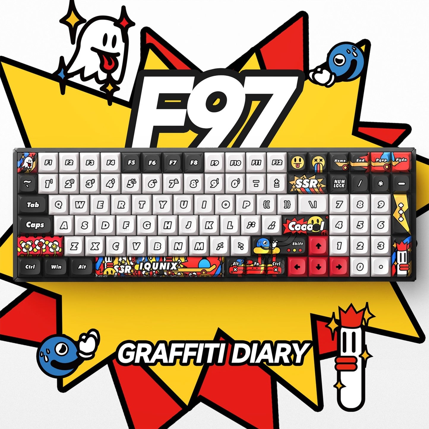 Iqunix f97 graffiti diary wireless mechanical keyboard (zwart, us lay-out (qwerty), cherry mx red, 96%, rgb leds, hot-swappable, pbt, 2.4ghz | bluetooth 5.1 | usb-c)
