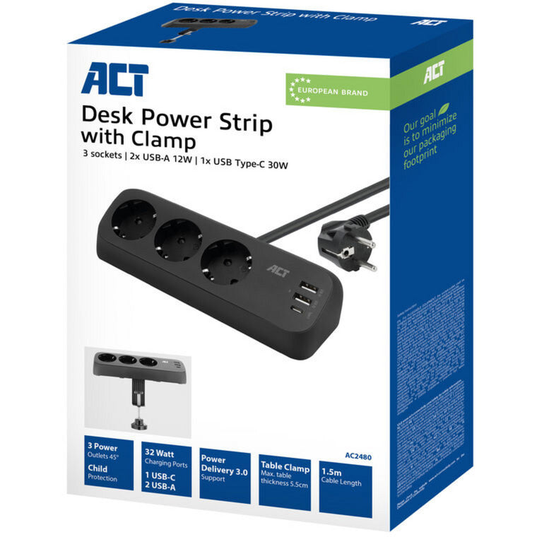 Act connectivity stekkerdoos met 3 type-f stopcontacten stekkerdoos (zwart, 30w power delivery, usb type-c a poorten)