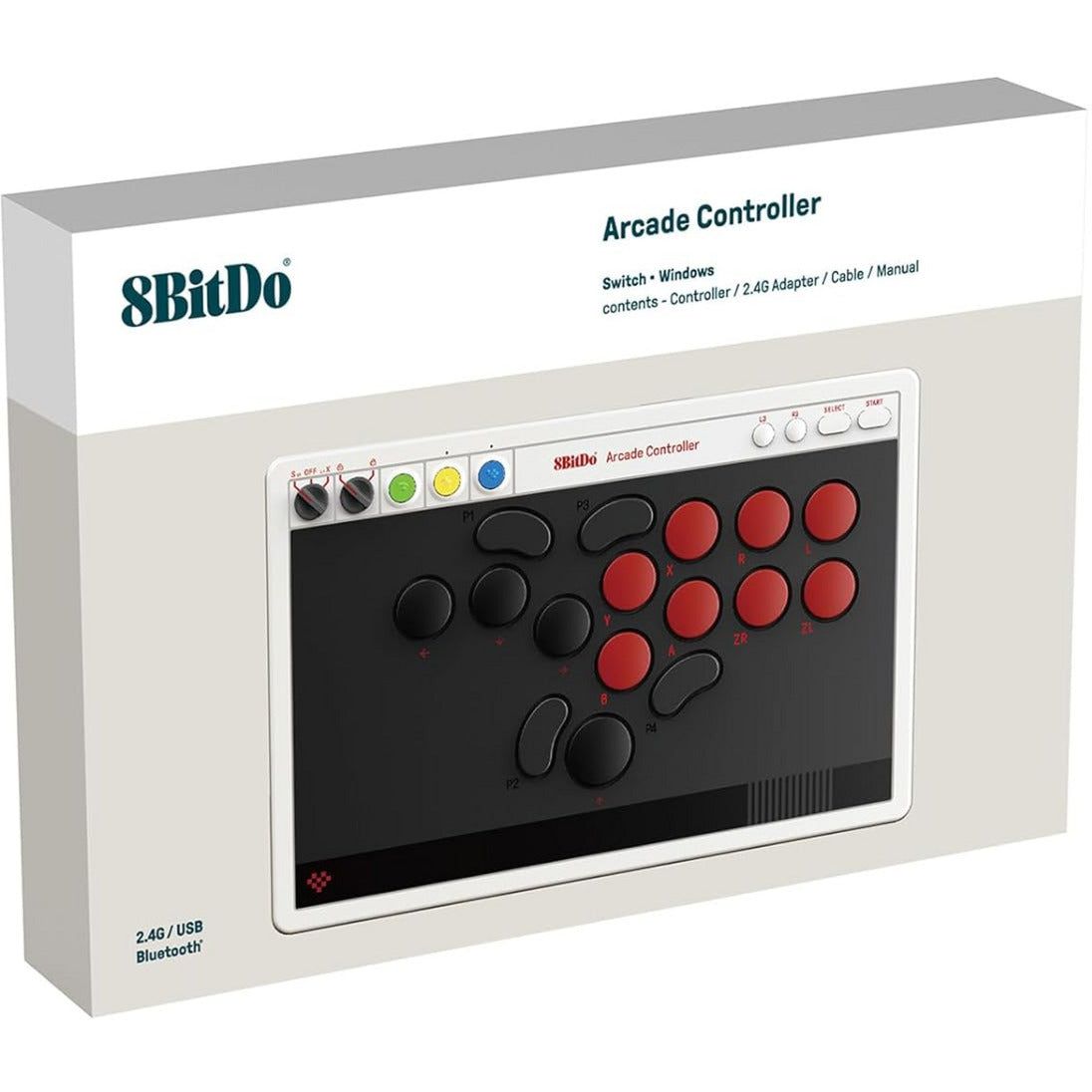 8bitdo arcade controller (grijs rood, 2.4 ghz bluetooth usb, nintendo switch 1 + 2, pc)