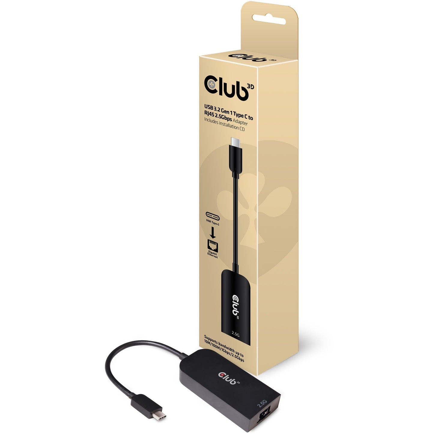 Club 3d usb-c 3.2 gen 1 naar rj-45 2.5gbps adapter (zwart, 0,16 meter)