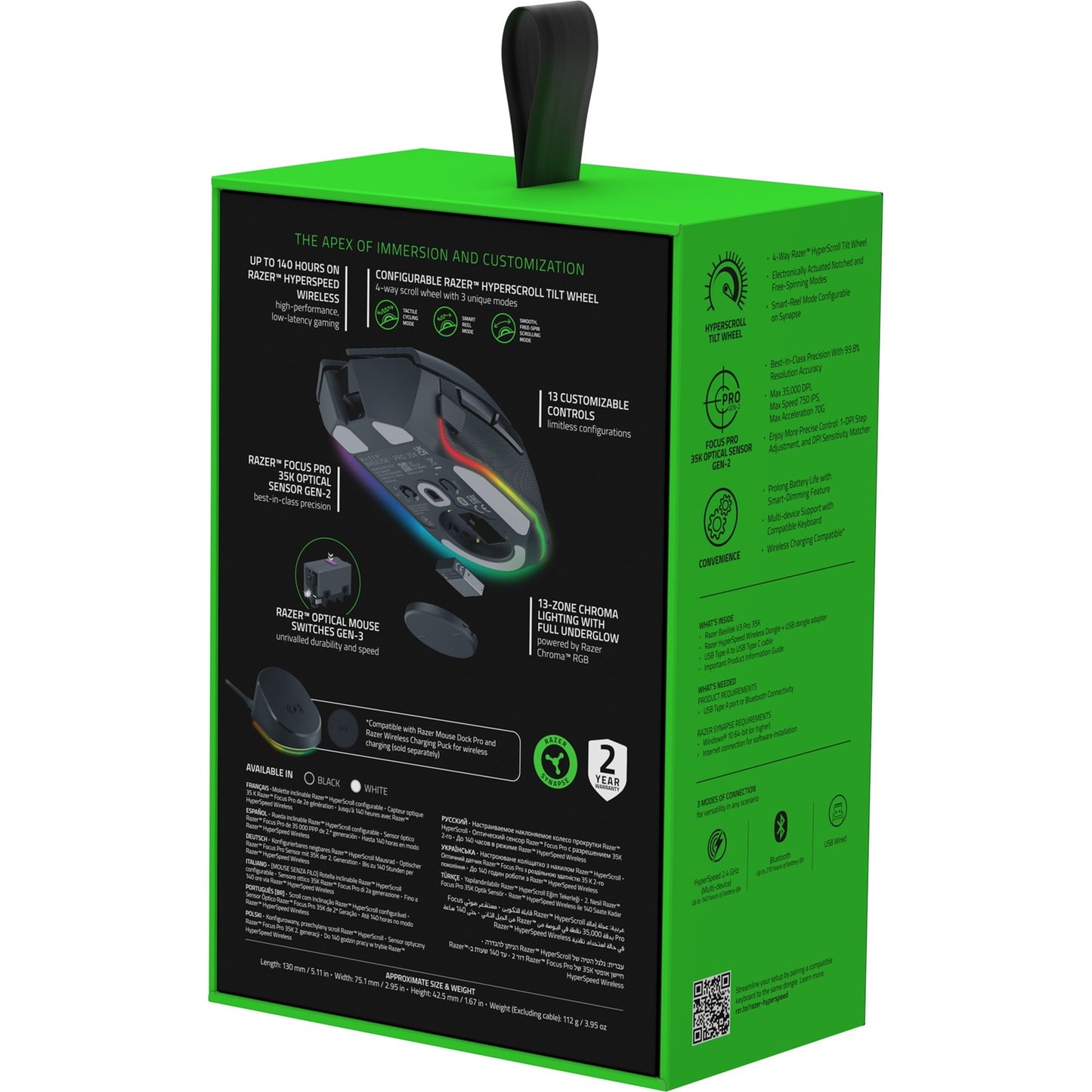 Razer basilisk v3 pro 35k gaming muis (zwart, usb bluetooth hyperspeed wireless, 35000 dpi, chroma rgb)