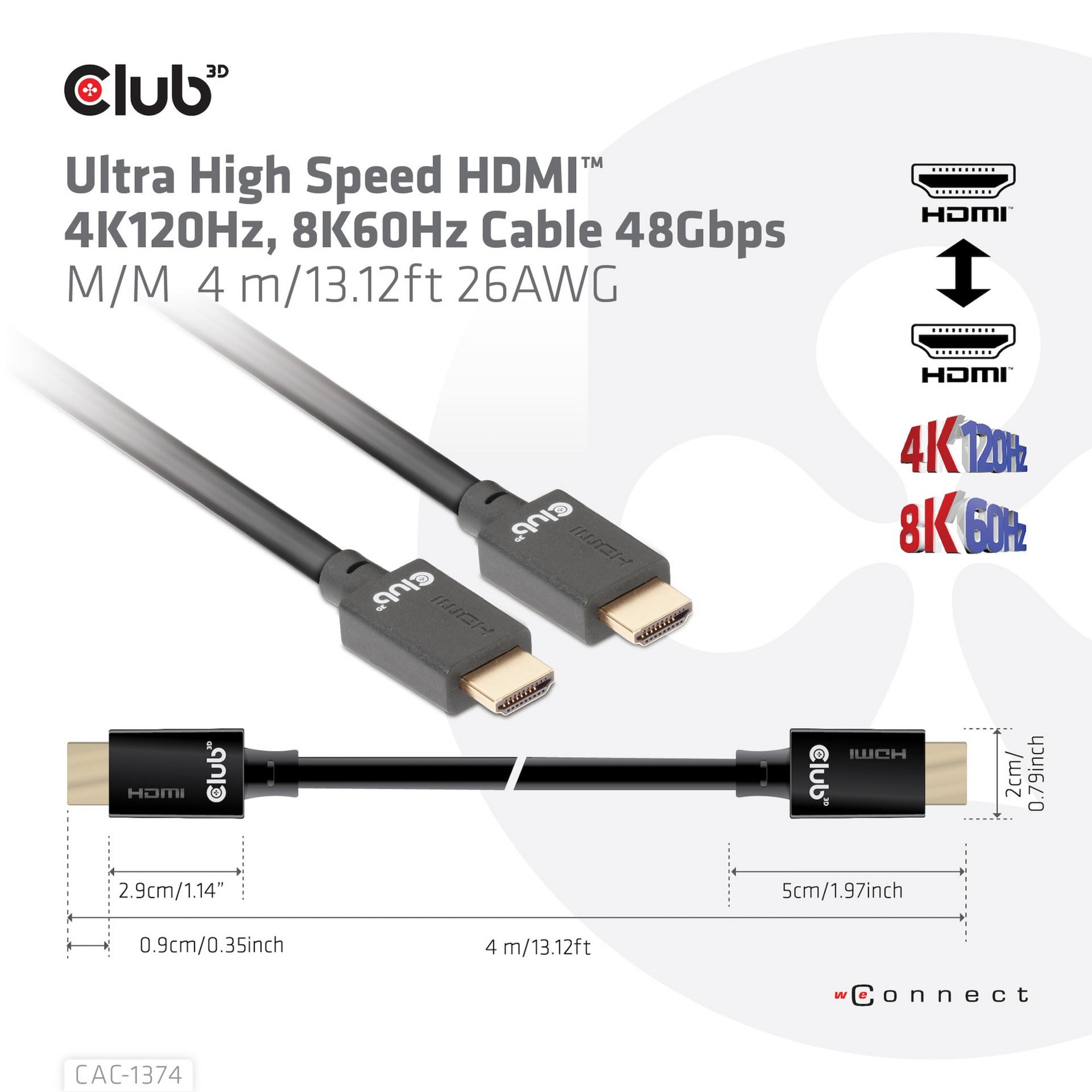 Club 3d gecertificeerde ultra high speed hdmi 2.1 kabel (zwart, 4 meter, 8k)