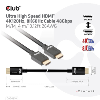 Club 3d gecertificeerde ultra high speed hdmi 2.1 kabel (zwart, 4 meter, 8k)