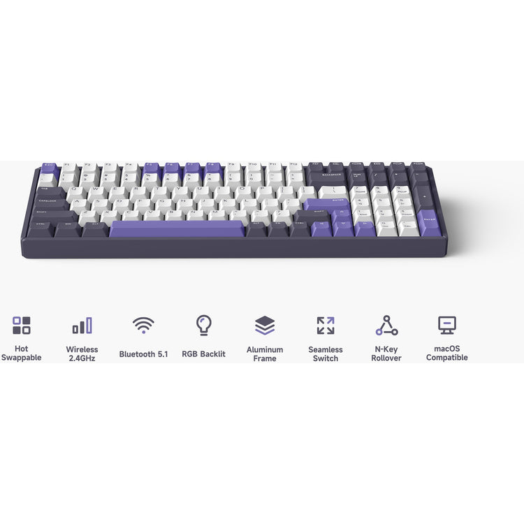 Iqunix f97 lavandin wireless mechanical keyboard (lavendel, us lay-out (qwerty), cherry mx silent red, 96%, rgb leds, hot-swappable, pbt, 2.4ghz | bluetooth 5.1 | usb-c)