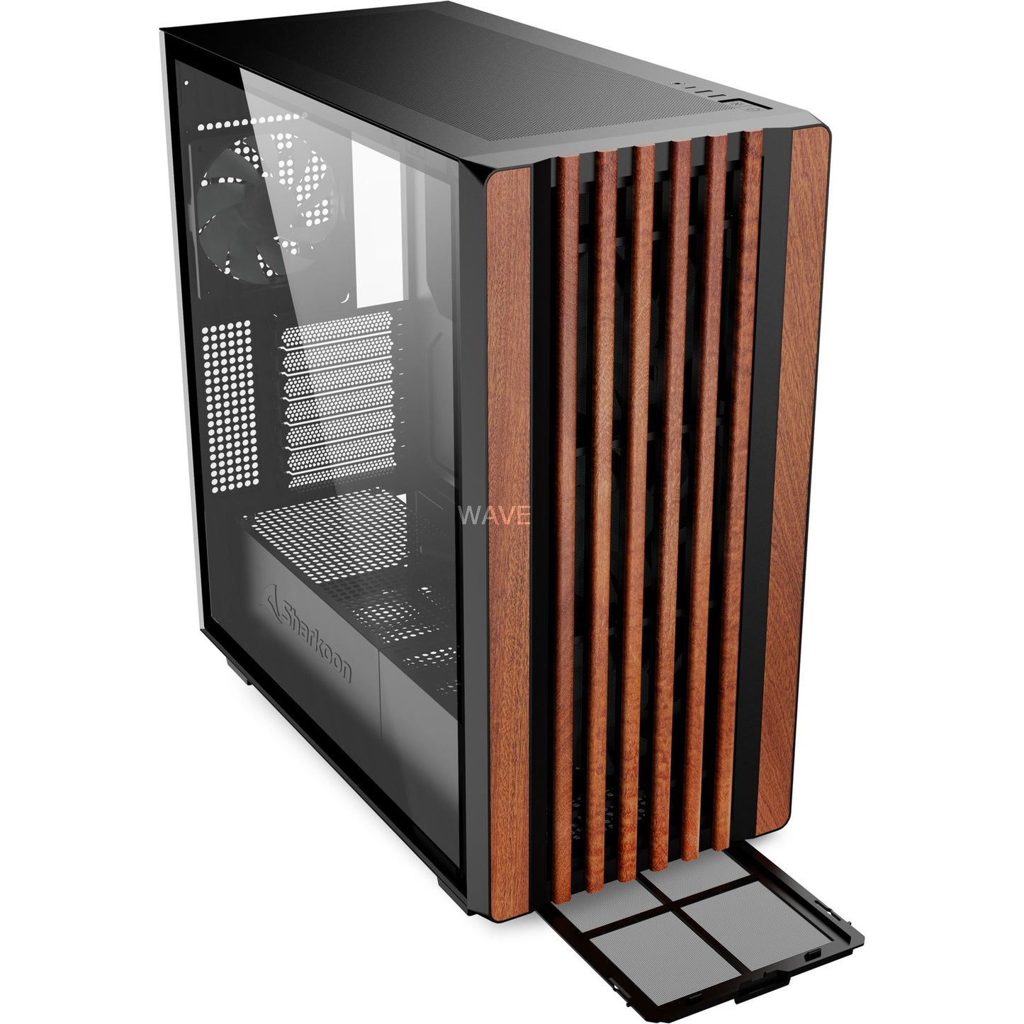 Sharkoon rebel c70g rgb midi tower behuizing (zwart houtkleur | 2x usb-a | 1x usb-c | rgb | tempered glass)