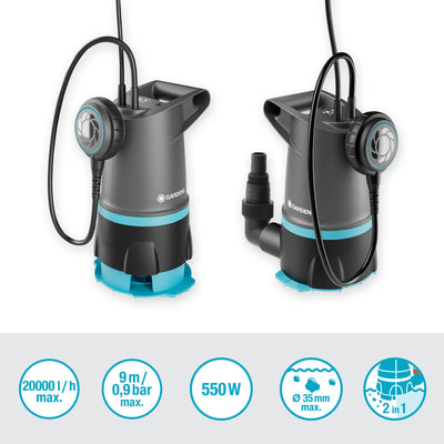 Gardena 2-in-1 helder vuil water dompelpomp 20000 basic, 20.000 l u dompel- en drukpompen (grijs zwart, 550 watt, 20.000 l u, met vlotterschakelaar)