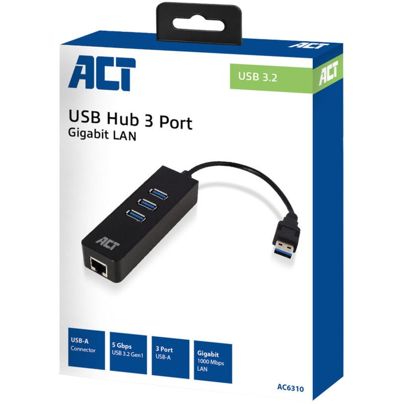 Act connectivity ac6310 usb hub 3.2 met 3 usb-a poorten en ethernet usb-hub (zwart)