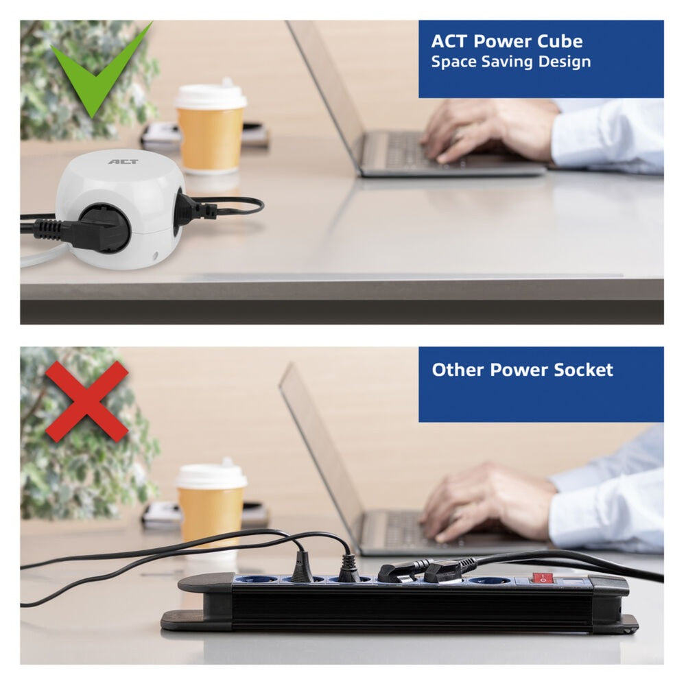Act connectivity stekkerdoos kubus met 3 stopcontacten, 30w power delivery usb-c a poorten, kabellengte 1,5m stekkerdoos (wit, type f)