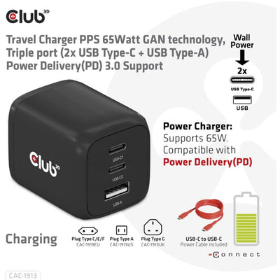 Club 3d travel charger 65w gan (zwart)