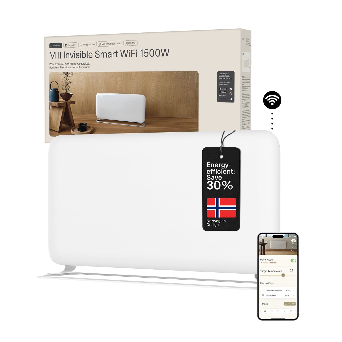 Mill steel wifi paneelverwarming pa1500wifi4a met voet, 1500 watt convector (wit, wifi 2,4 ghz (wifi 6), bluetooth 5.2, zigbee 3.0 + app)