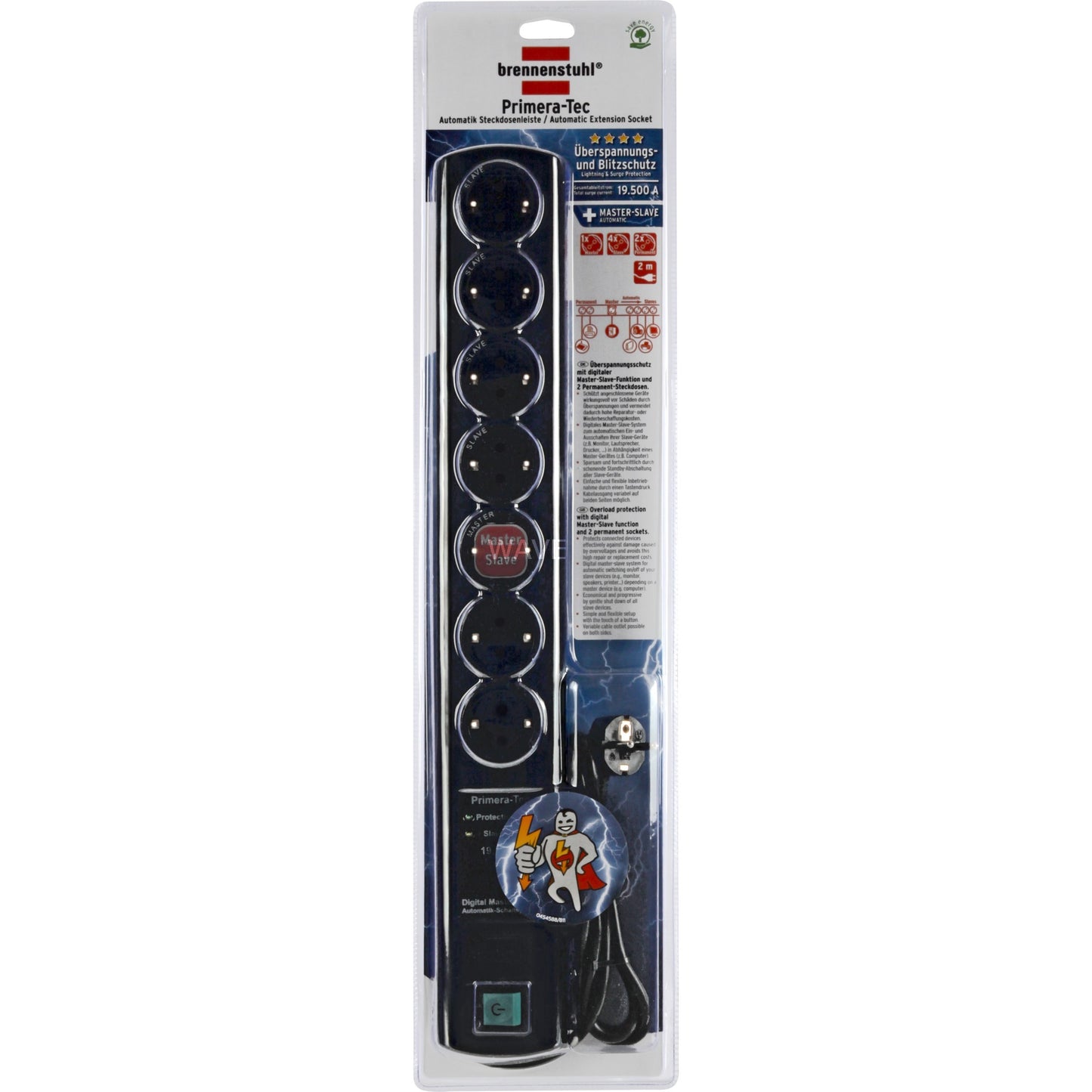 Brennenstuhl primera-tec 19.500 a automatische stekkerdoos met overspanningsbeveiliging zwart 2m h05vv-f 3g1,5