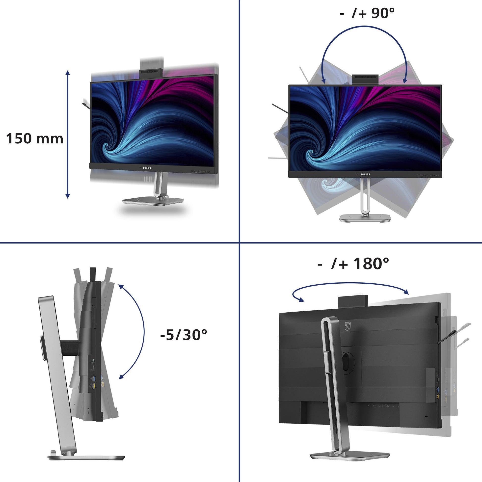 Philips 27b2u4601h 00 27 ledmonitor (zilver zwart, hdmi, displayport, usb-c, webcam, 120 hz)