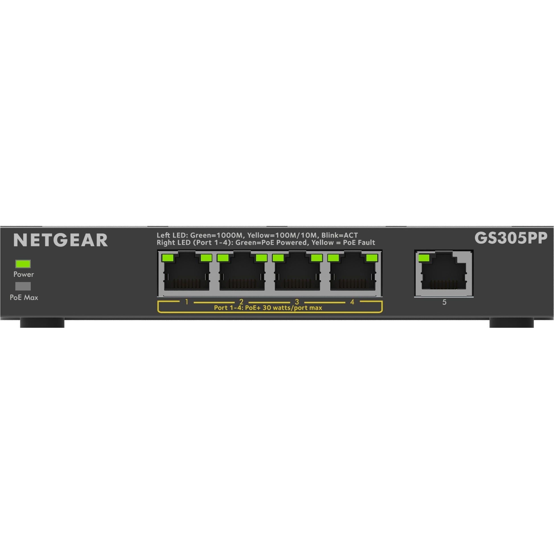 Netgear 5-port gigabit ethernet poe+ unmanaged switch (gs305pp) (zwart)