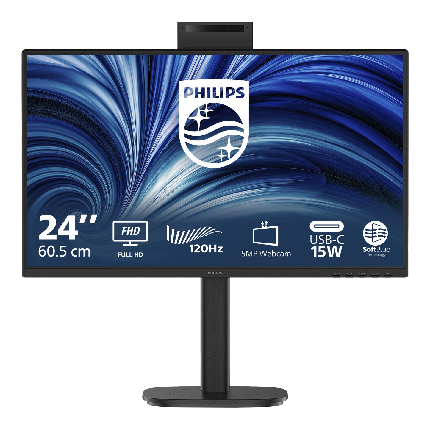 Philips 24b2n3200jh 00 23.8 monitor (zwart, vga, hdmi, displayport, usb-c, webcam, 120 hz)
