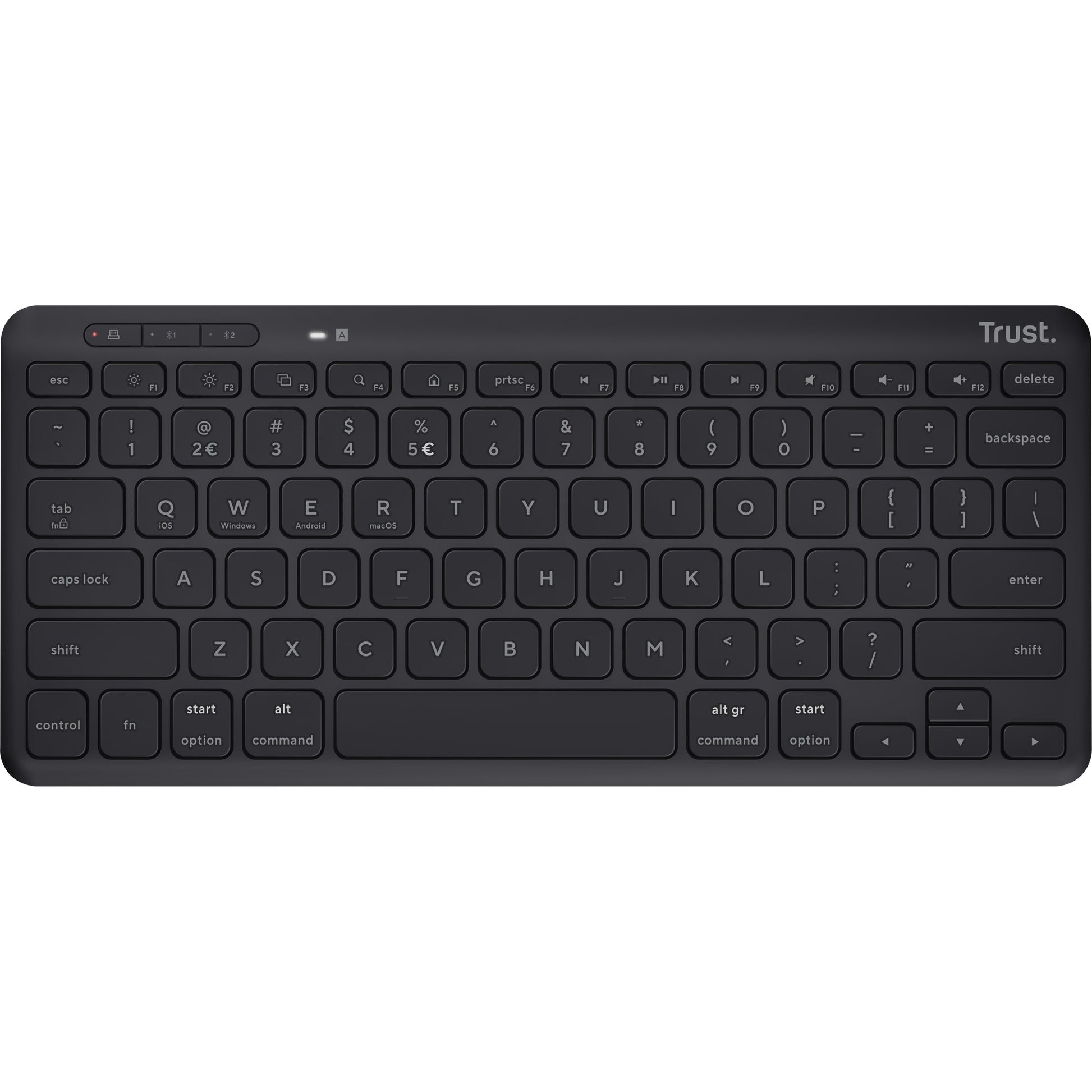Trust lyra compact draadloos toetsenbord (zwart, us lay-out (qwerty), scissor switches, 65%, 2,4 ghz usb, bluetooth)