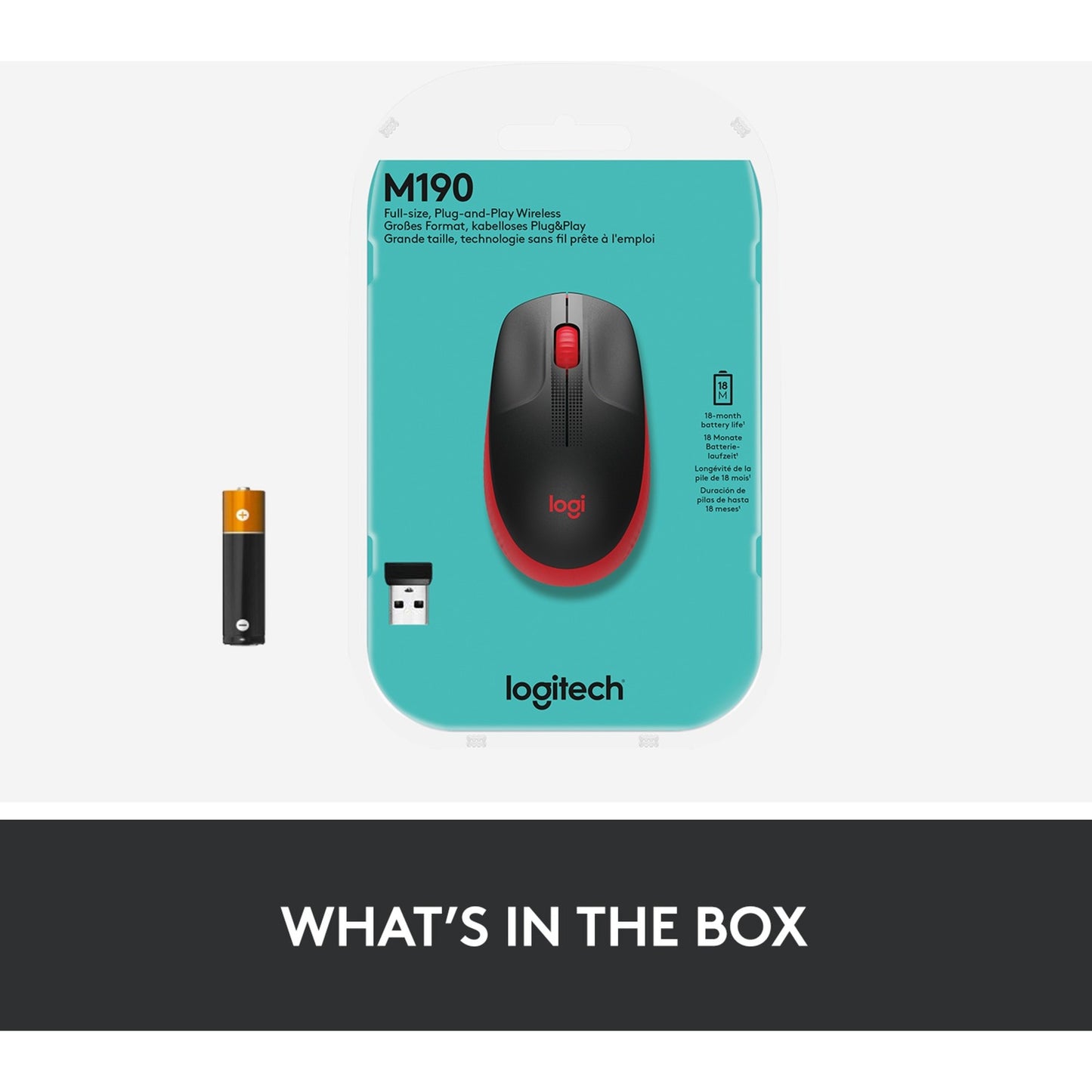 Logitech m190 full-size wireless mouse (rood, 1000 dpi)