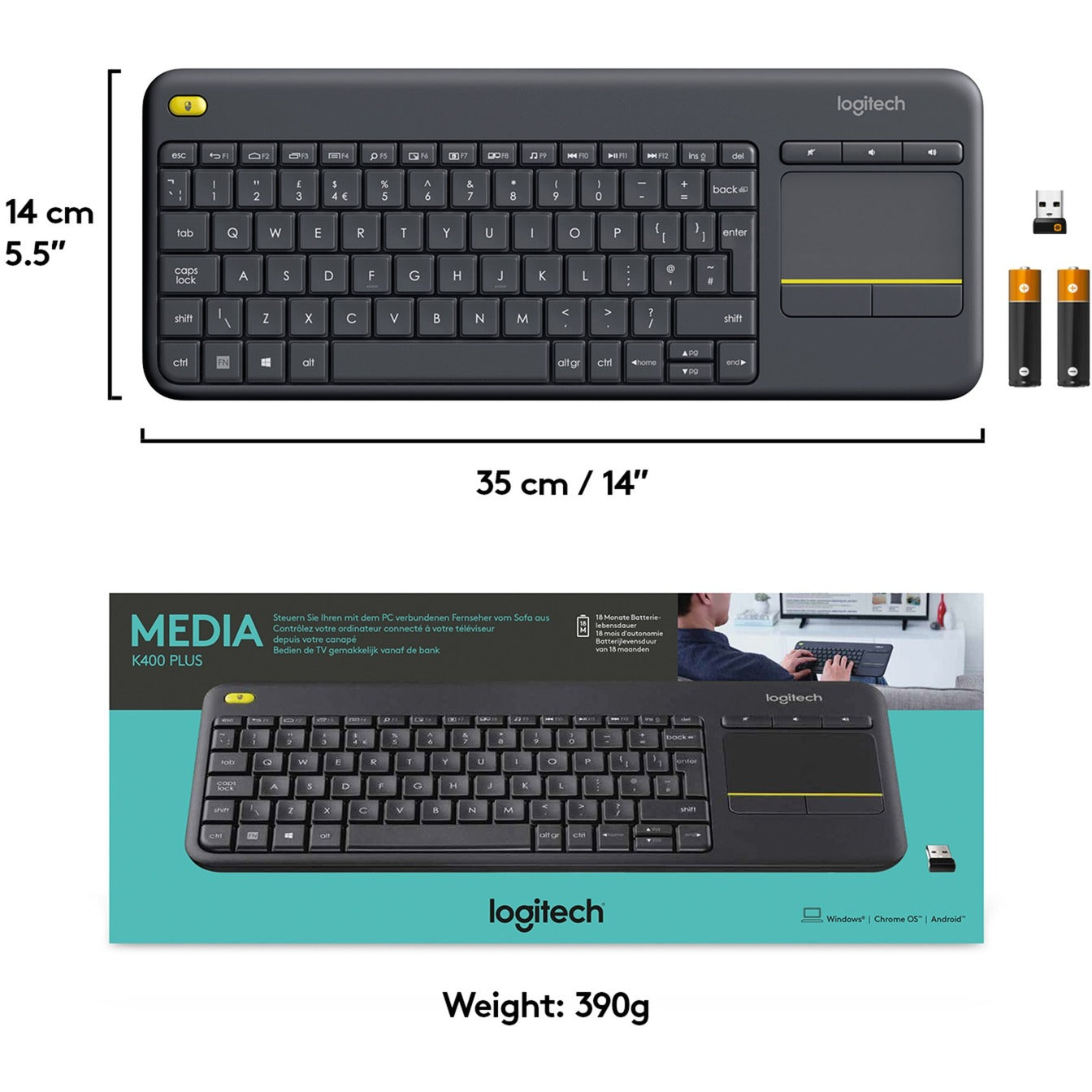 Logitech k400 plus toetsenbord (antraciet, eu lay-out (qwerty))