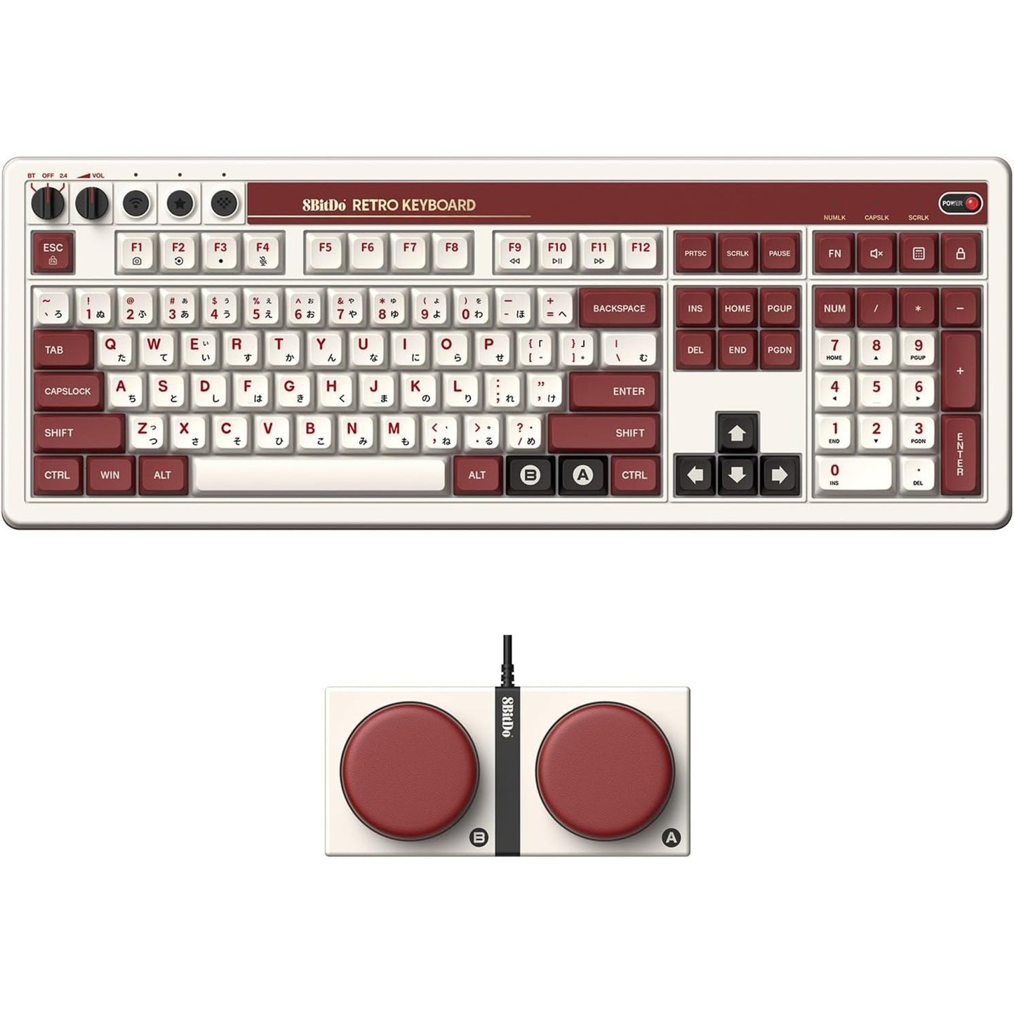 8bitdo retro mechanical keyboard fami edition, gaming toetsenbord (beige rood, us lay-out, kailh box white, bluetooth low energy, wireless 2.4g, usb)