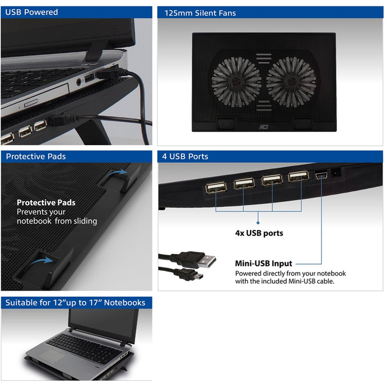 Act connectivity laptopstandaard, met ventilator, hoogte verstelbaar in 2 standen (zwart, 4-poorts usb 2.0 hub)