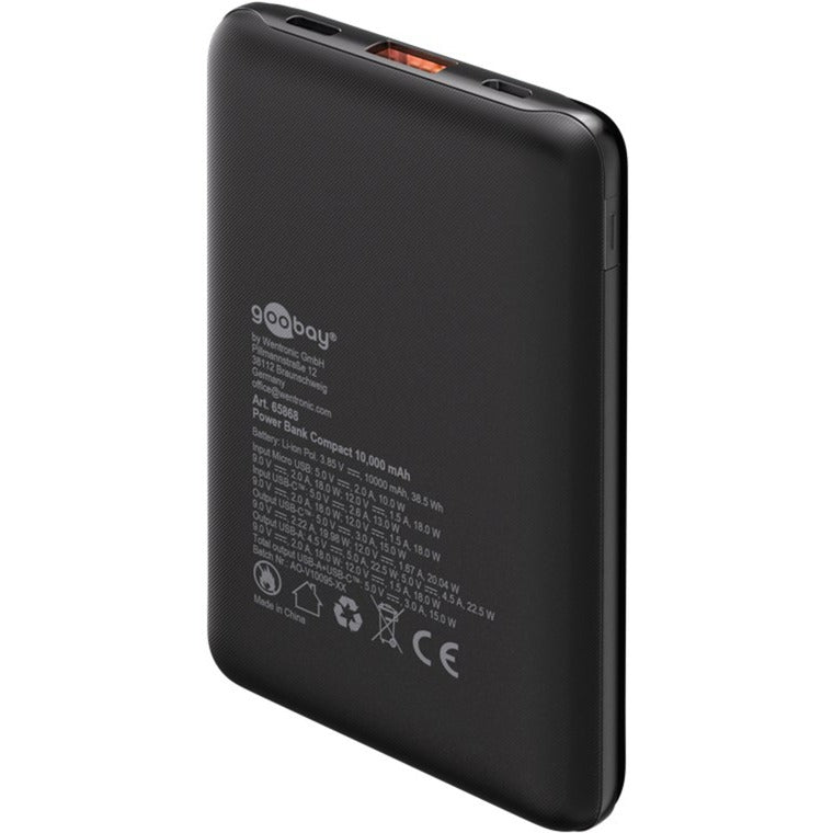 Goobay powerbank compact 10.000 mah (zwart, 10 ah, 1x usb-a, 1x usb-c, power delivery, quick charge)