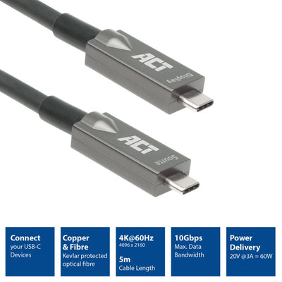 Act connectivity usb-c 3.2 gen2 active optical cable (aoc) aansluitkabel (grijs zwart, 5 meter)
