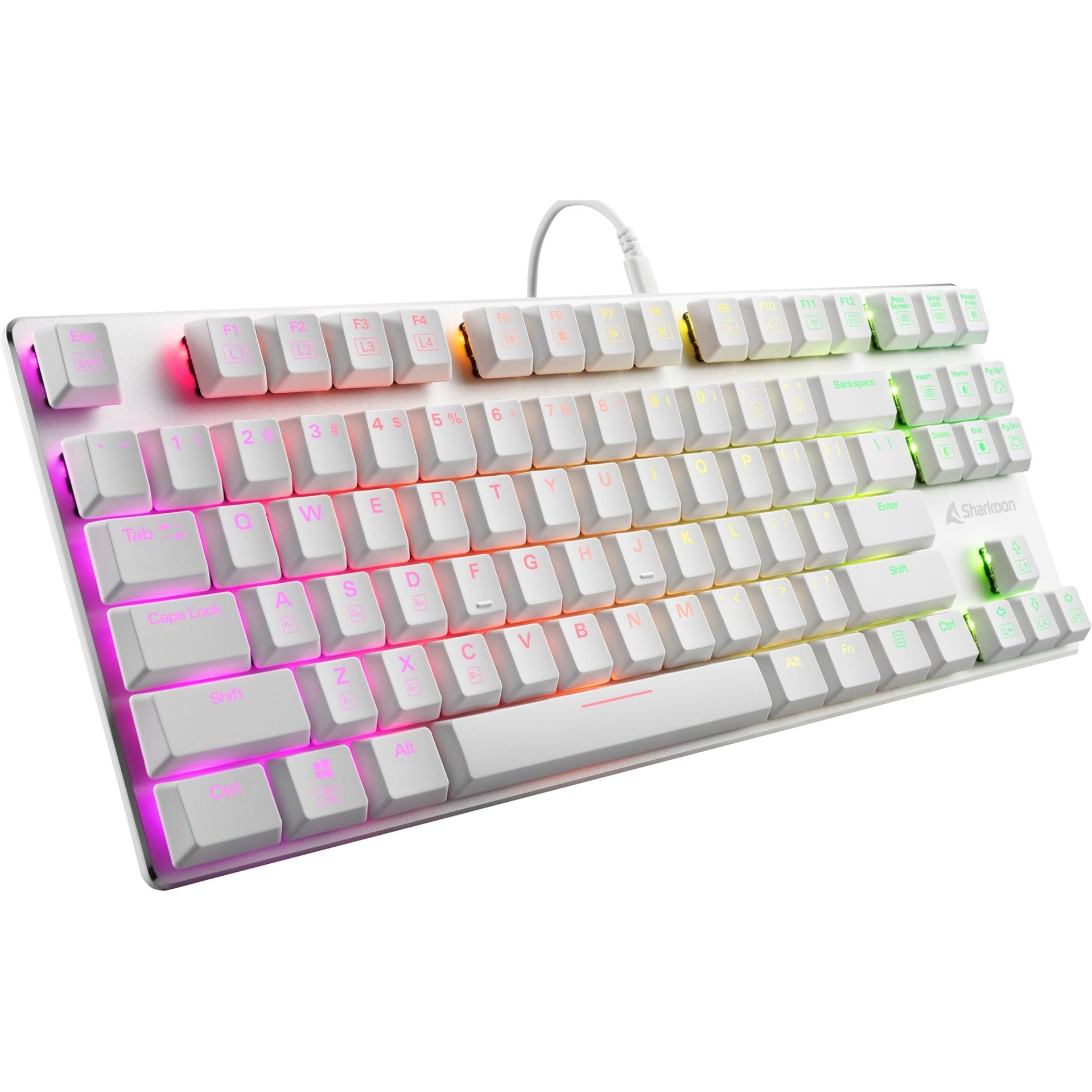 Sharkoon purewriter tkl rgb mechanisch gaming toetsenbord (wit, us lay-out (qwerty), kailh blue, 80% (tkl), rgb leds)