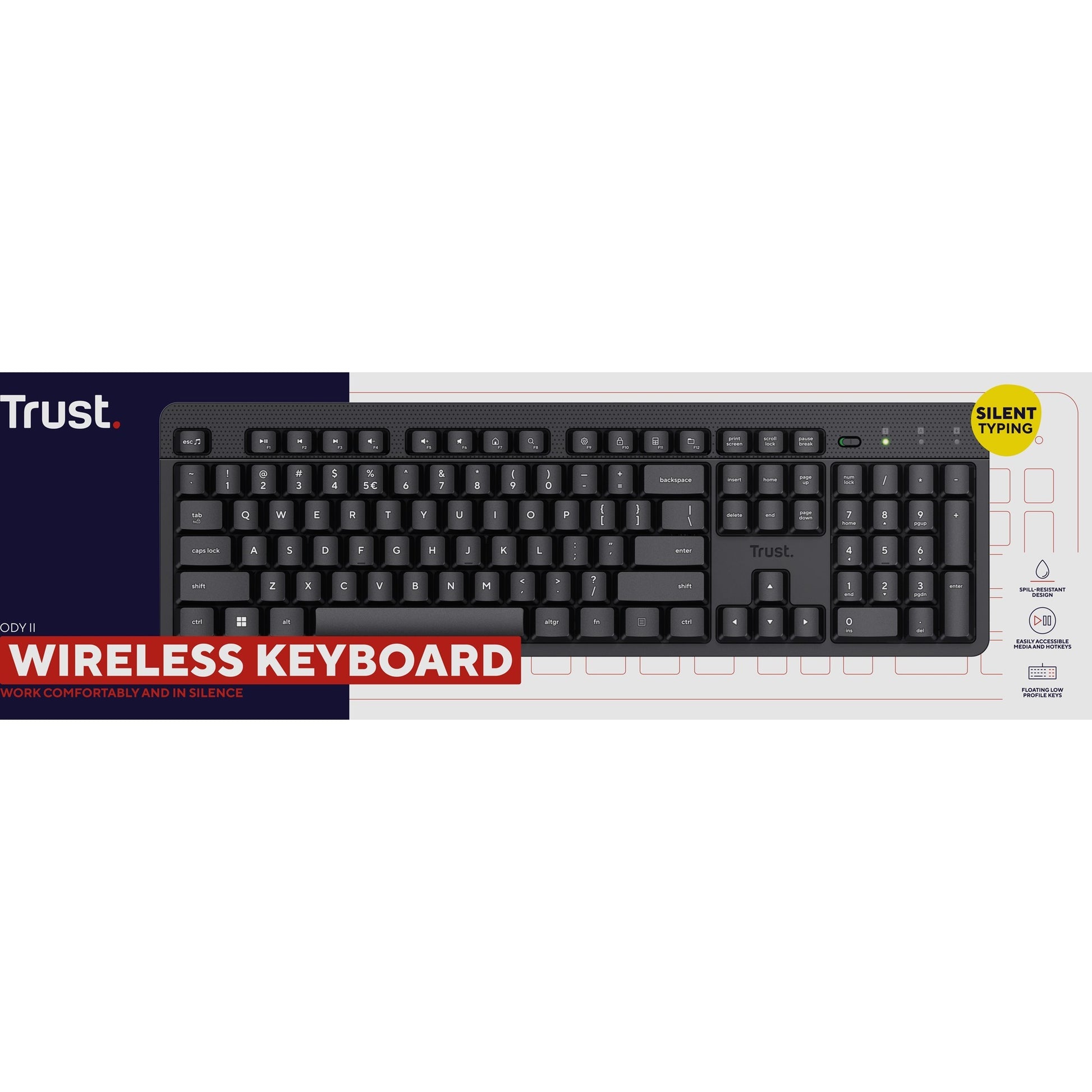 Trust ody ii draadloos toetsenbord (zwart, eu lay-out (qwerty), membraan, stil)