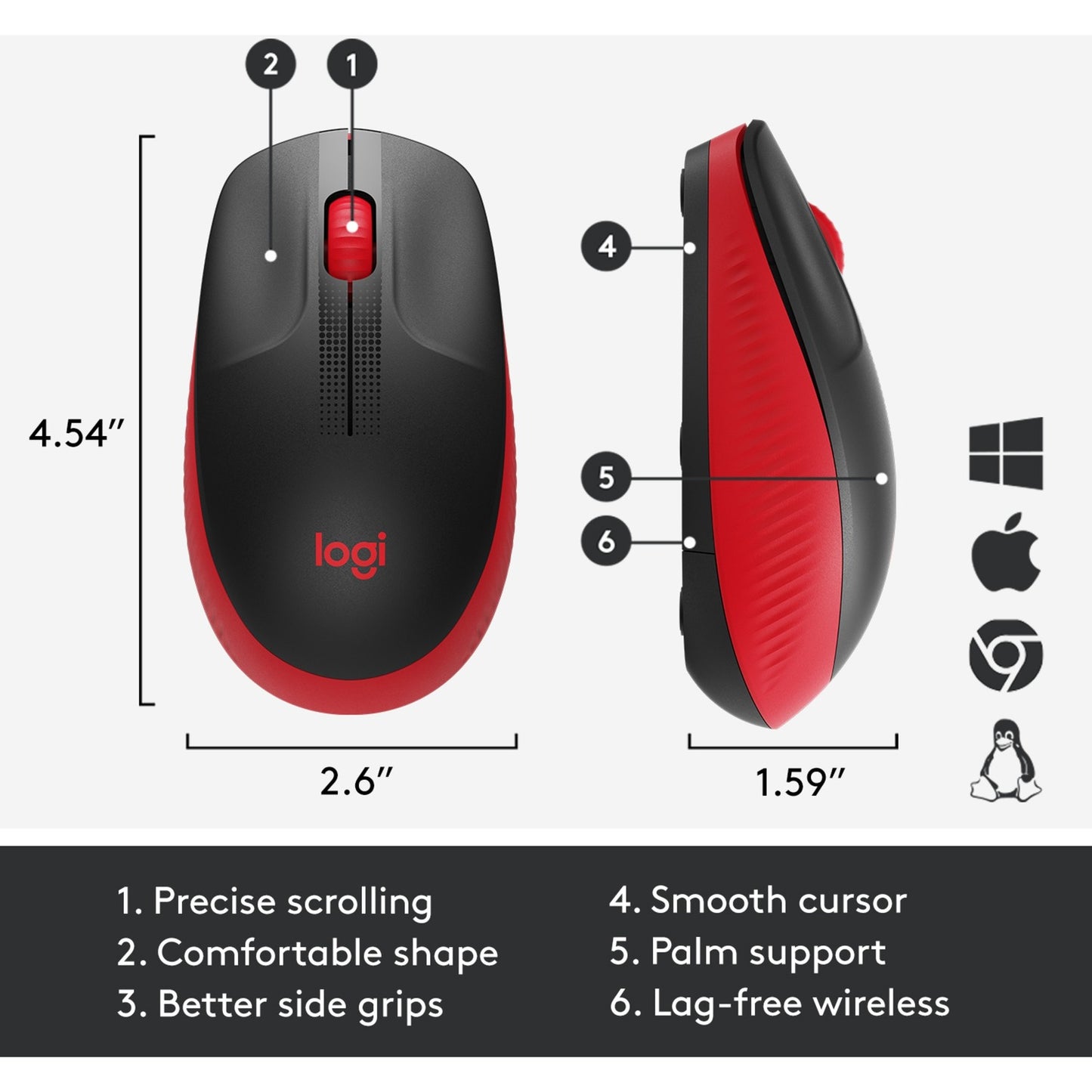 Logitech m190 full-size wireless mouse (rood, 1000 dpi)