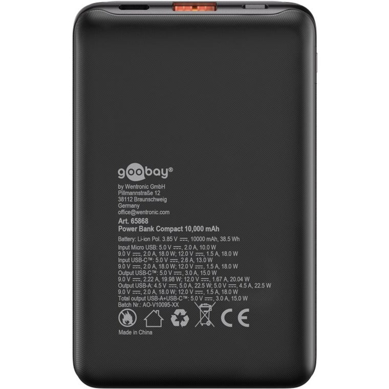 Goobay powerbank compact 10.000 mah (zwart, 10 ah, 1x usb-a, 1x usb-c, power delivery, quick charge)
