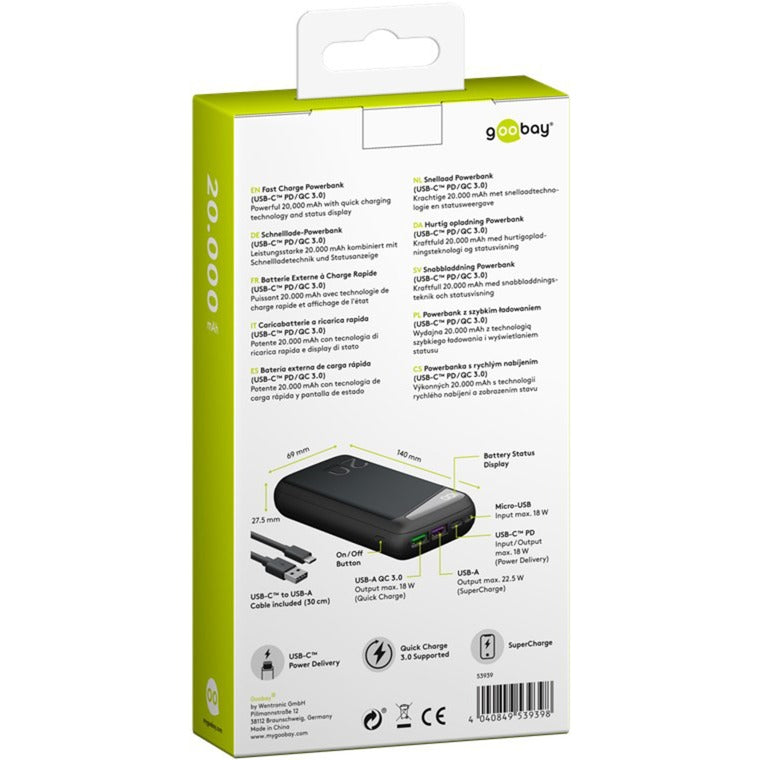 Goobay quick charge powerbank 20.000 mah - 74 wh (zwart, usb-c pd, qc 3.0)