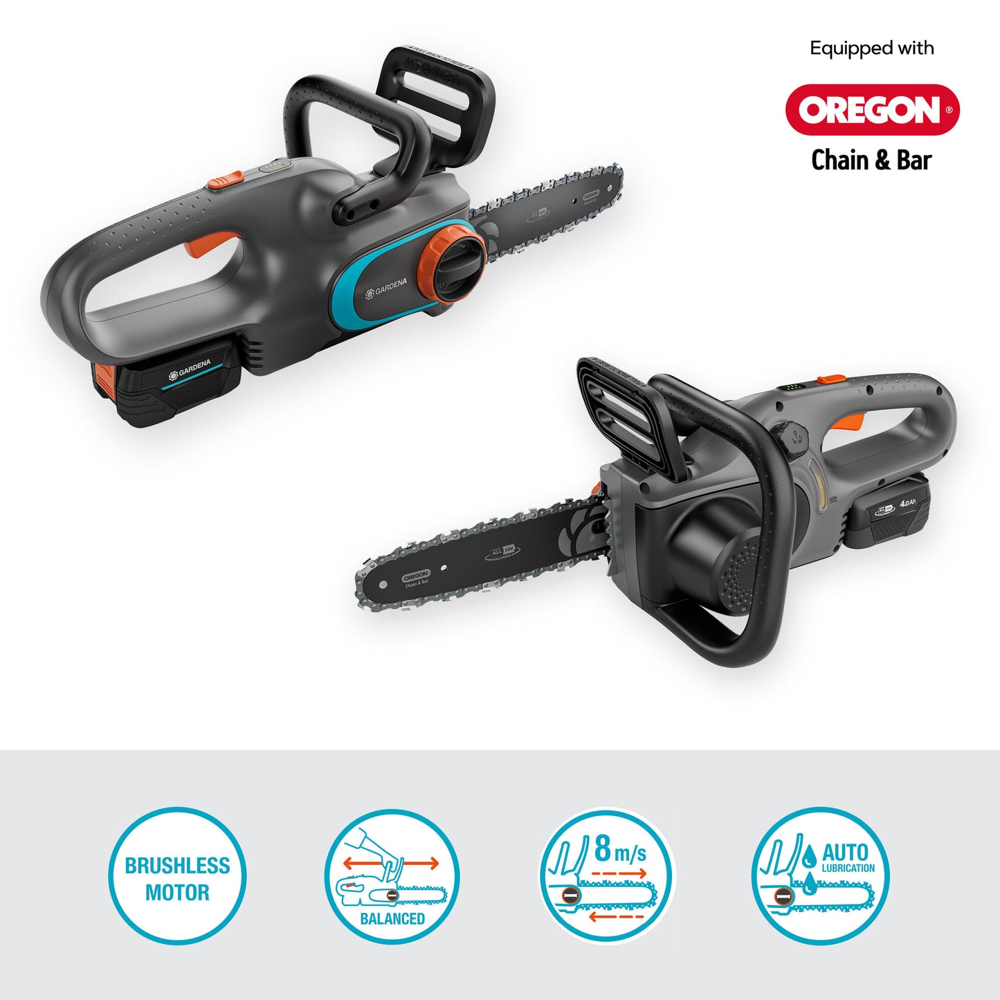 Gardena accukettingzaag powersaw 250 18v (grijs turquoise, accu en oplader inbegrepen, power for all alliance)
