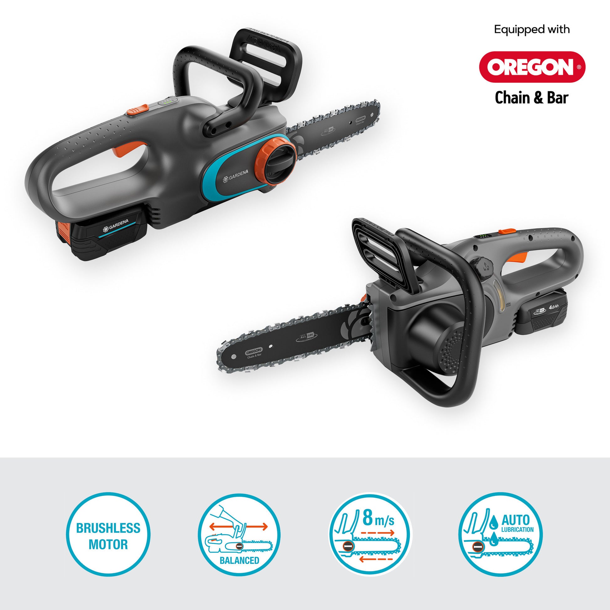 Gardena accukettingzaag powersaw 250 18v (grijs turquoise, accu en oplader inbegrepen, power for all alliance)