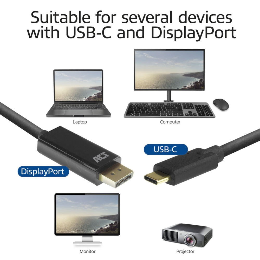 Act connectivity usb-c naar displayport kabel (zwart, 2 meter, ac7325, 60hz 4k (2160p))