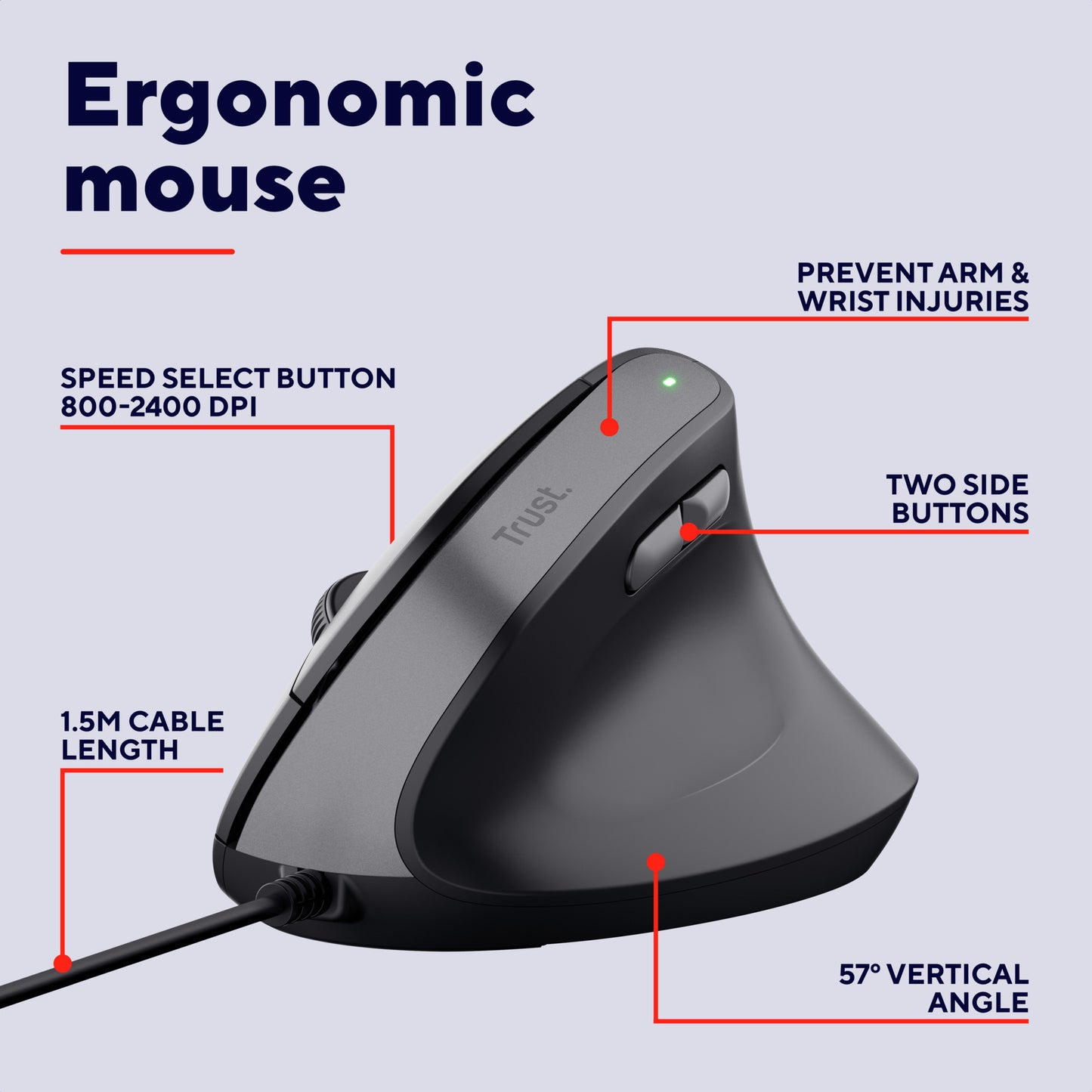 Trust bayo ii bedrade ergonomische muis (zwart, 800 dpi - 2400 dpi)