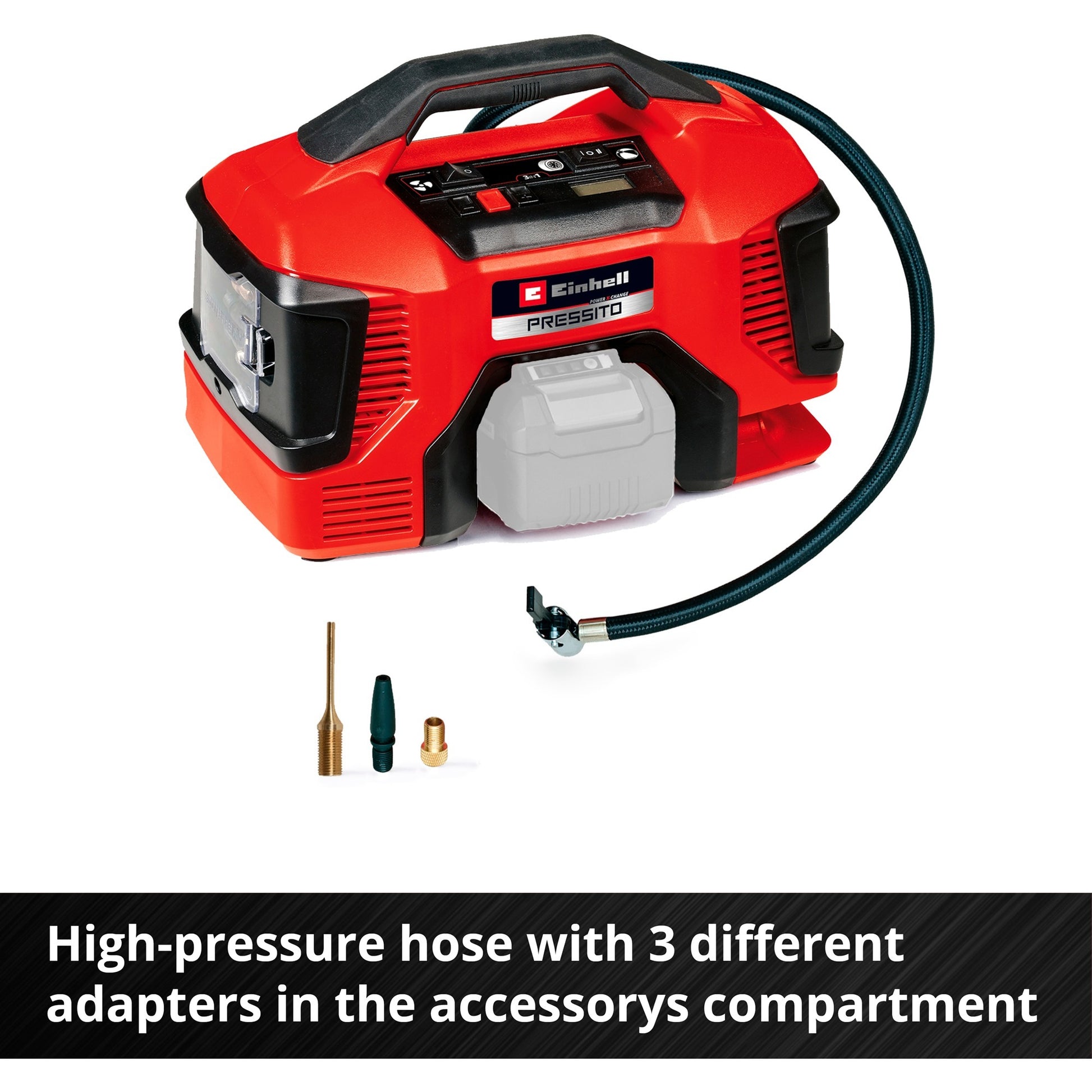 Einhell accu compressor pressito 18 21 li solo - power x-change - 18 v li-ion - aanzuigcapaciteit hogedruk- lagedrukpomp: 21 370 l min - max. werkdruk hogedrukpomp: 10.5 bar - incl. 3-delige adapterset - excl. accu en lader