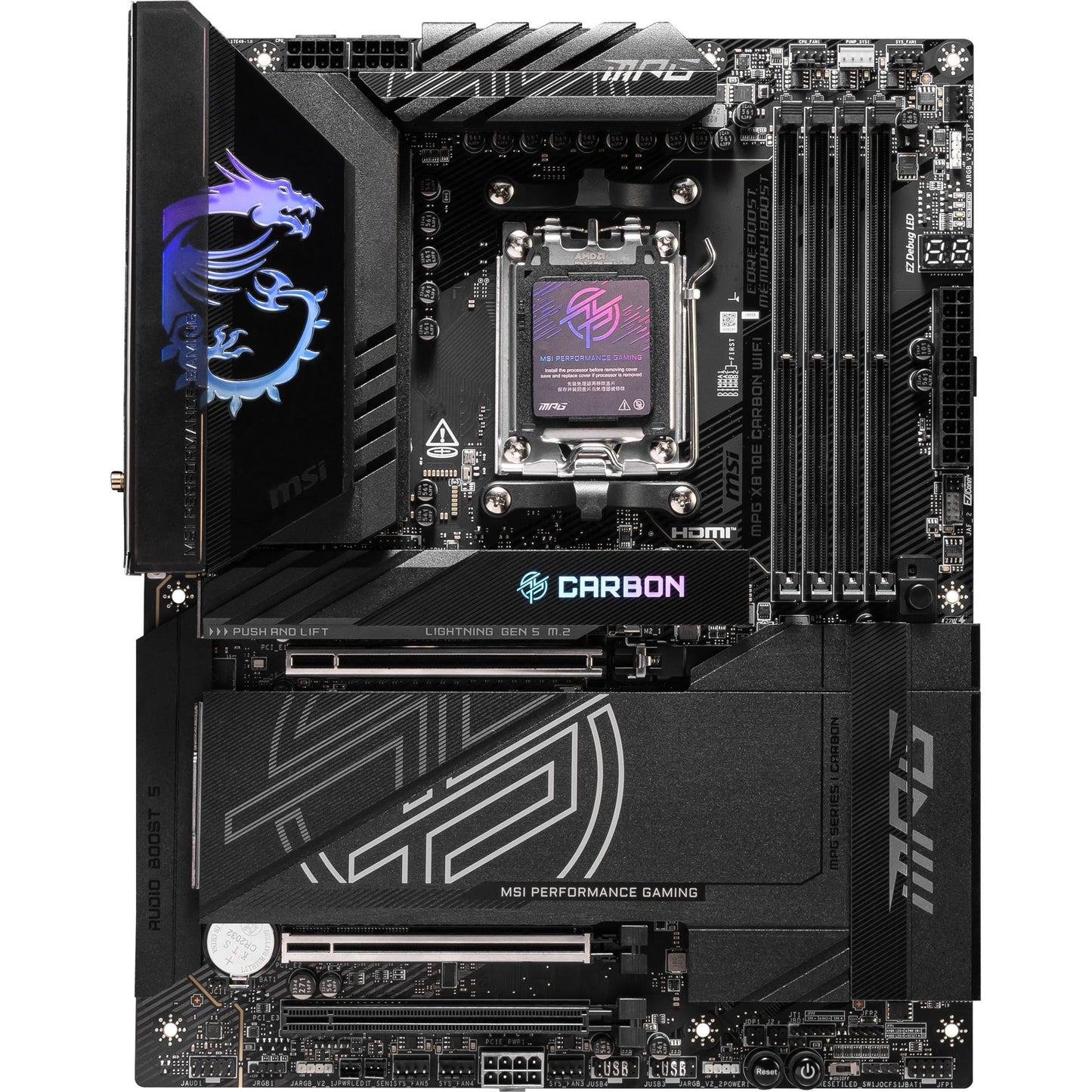 Msi mpg x870e carbon wifi socket am5 moederbord (raid, 5gb-lan, 2,5gb-lan, wi-fi 7, bt, sound, atx)